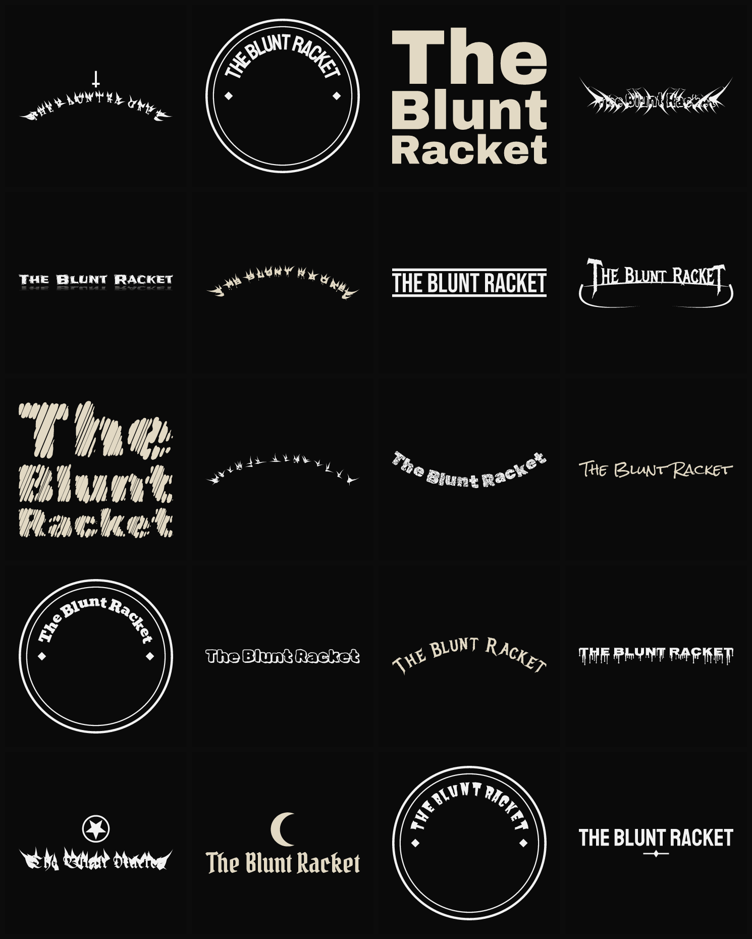 Twenty The Blunt Racket band logo ideas — different faces, treatments and spike settings