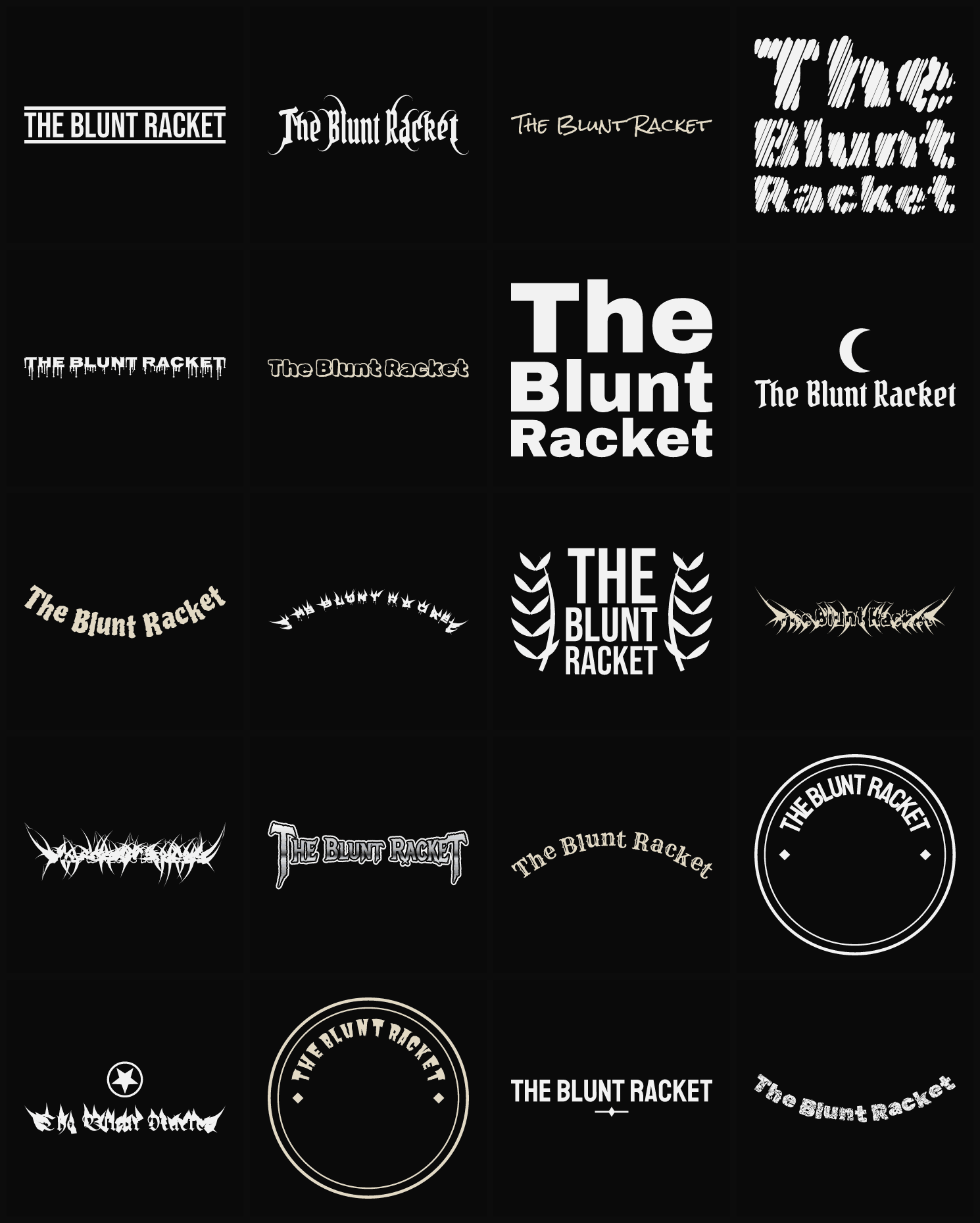 Twenty The Blunt Racket band logo ideas — different faces, treatments and spike settings