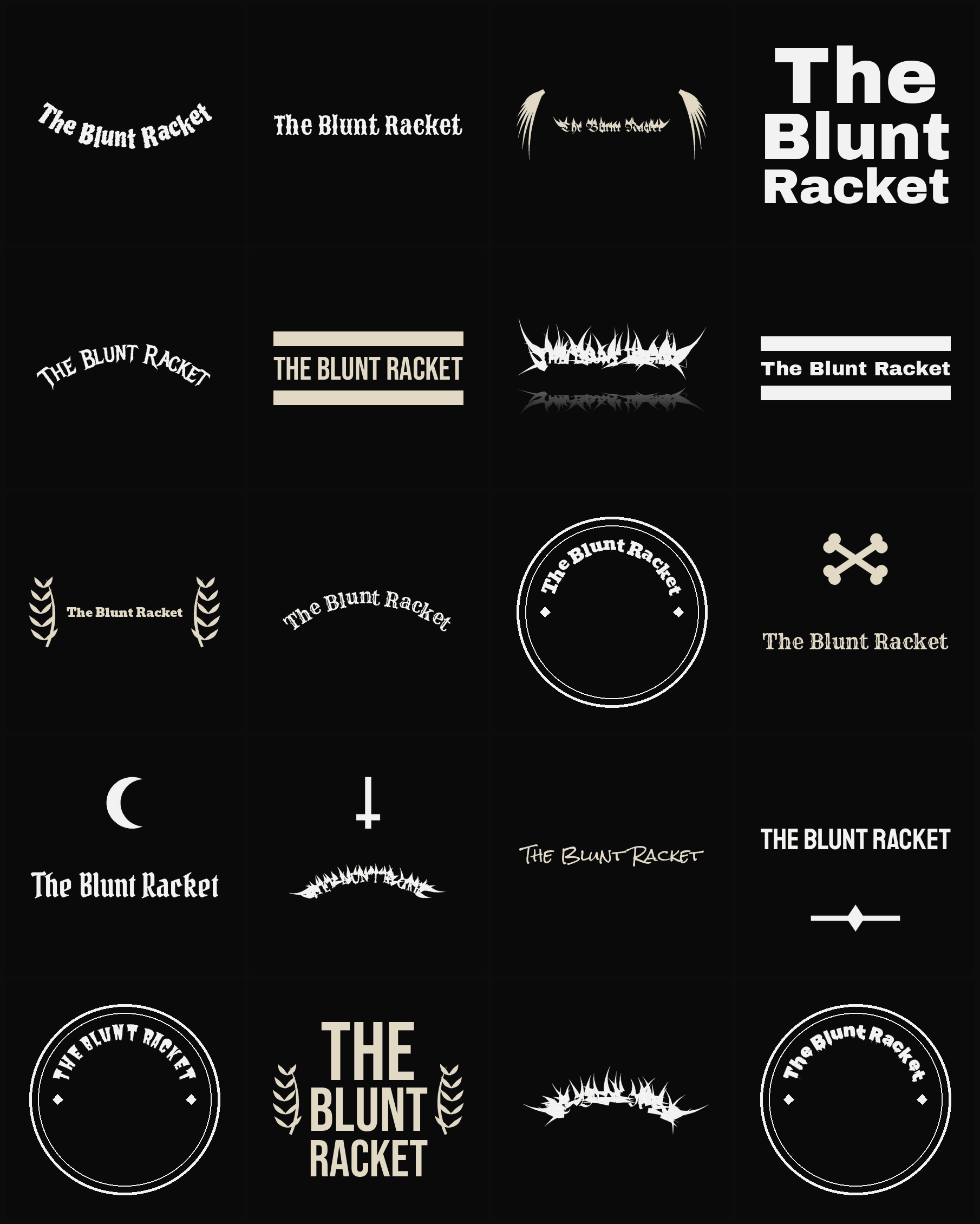 Twenty The Blunt Racket band logo ideas — different faces, treatments and spike settings