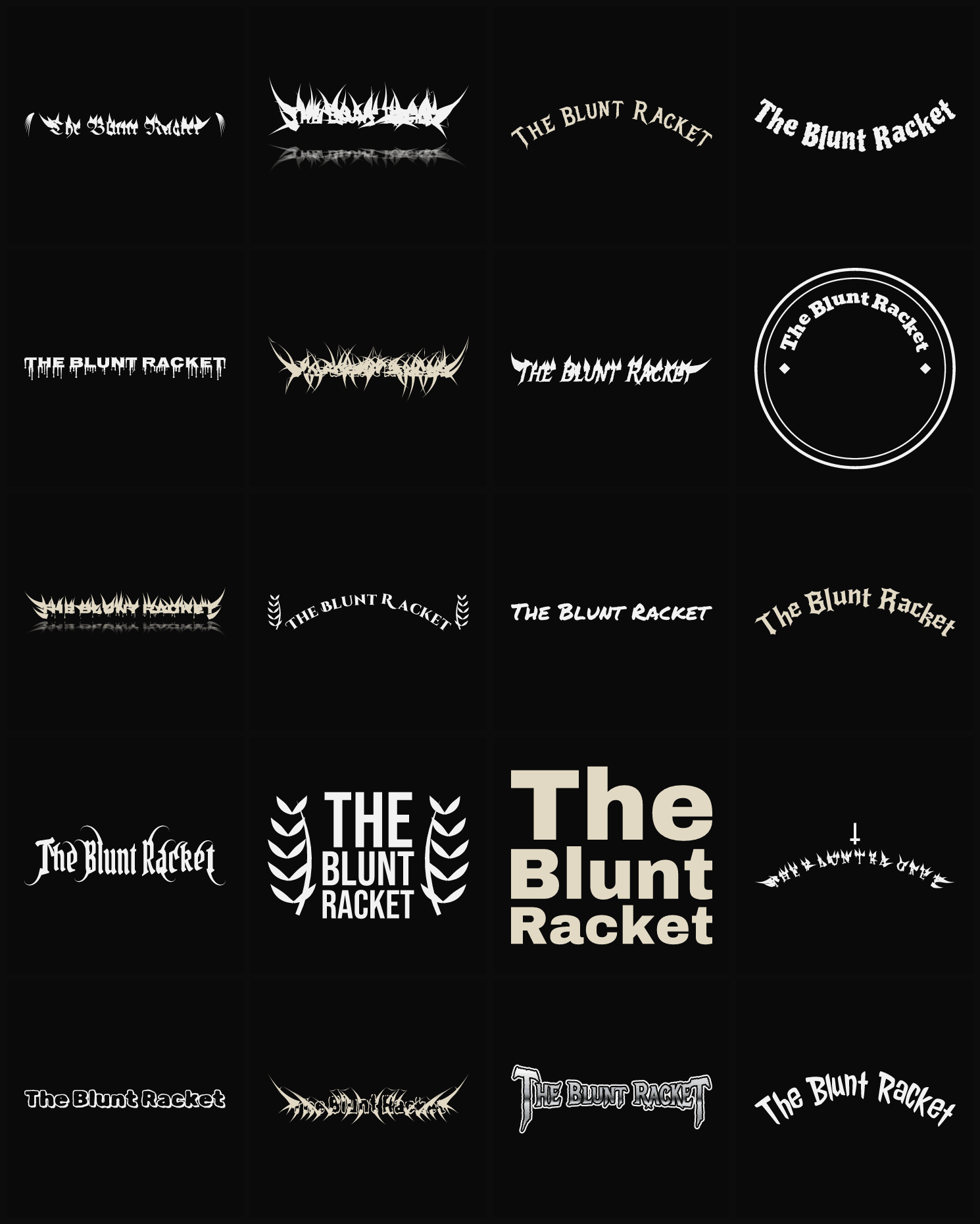 Twenty The Blunt Racket band logo ideas — different faces, treatments and spike settings