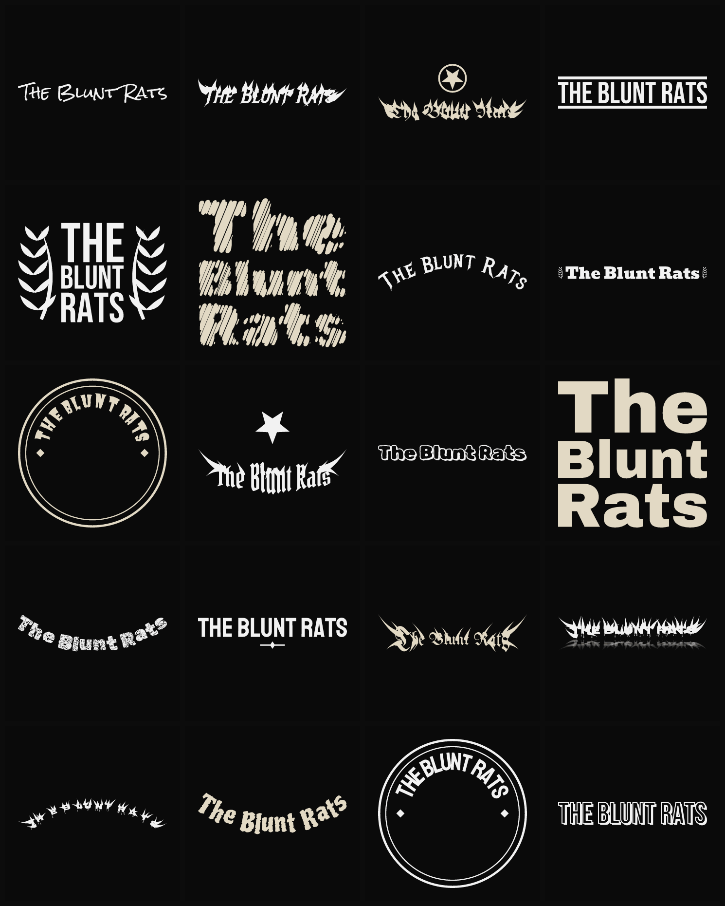 Twenty The Blunt Rats band logo ideas — different faces, treatments and spike settings