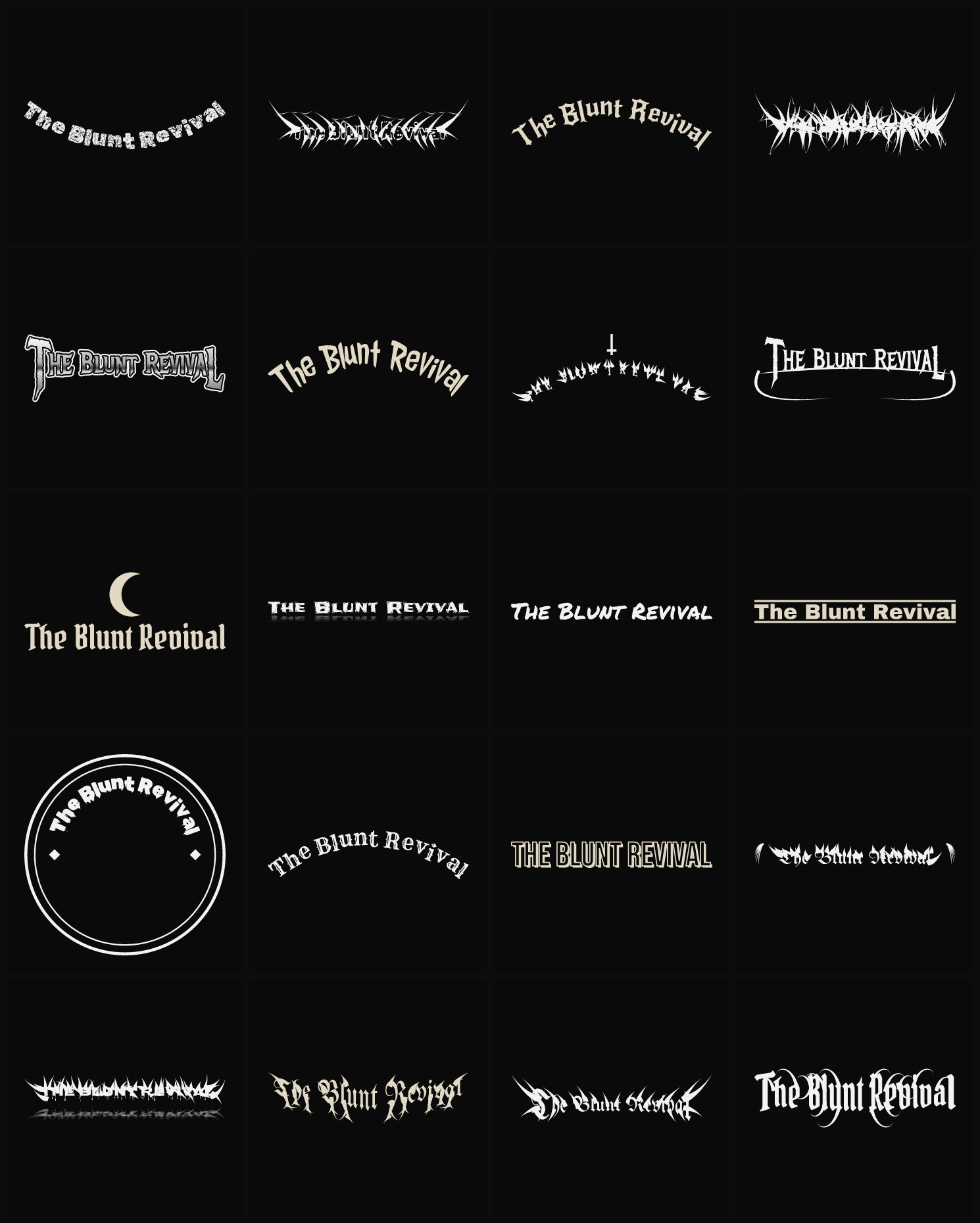 Twenty The Blunt Revival band logo ideas — different faces, treatments and spike settings