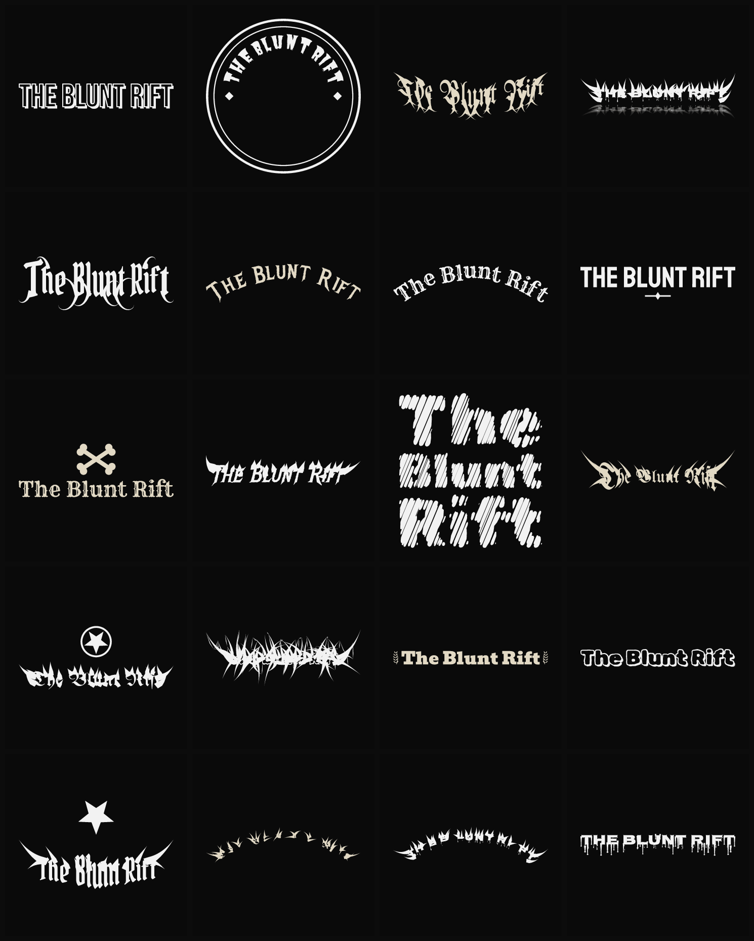 Twenty The Blunt Rift band logo ideas — different faces, treatments and spike settings