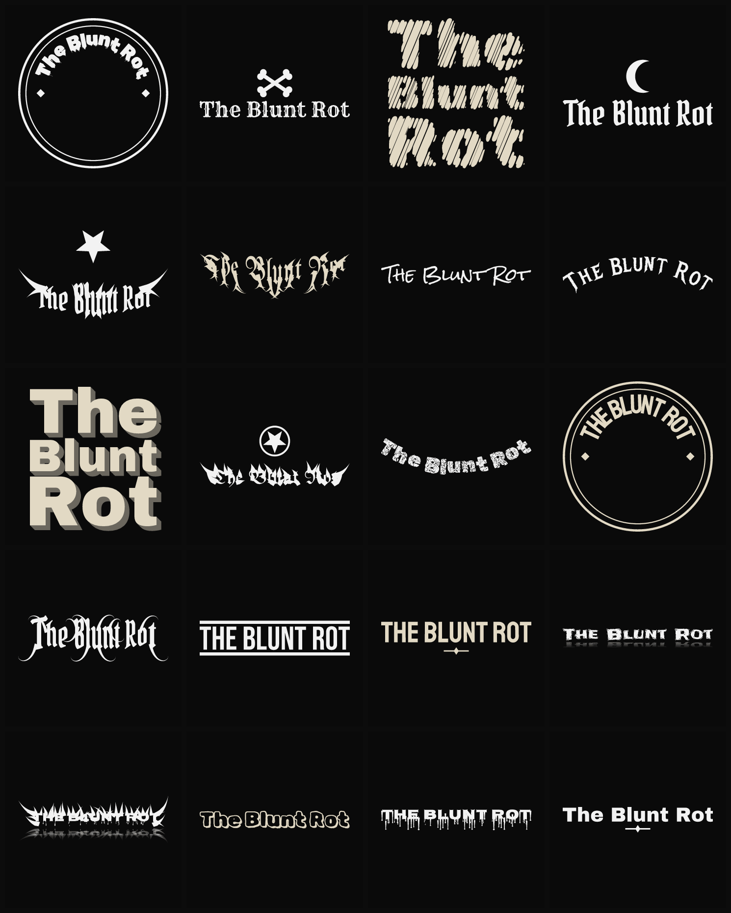 Twenty The Blunt Rot band logo ideas — different faces, treatments and spike settings