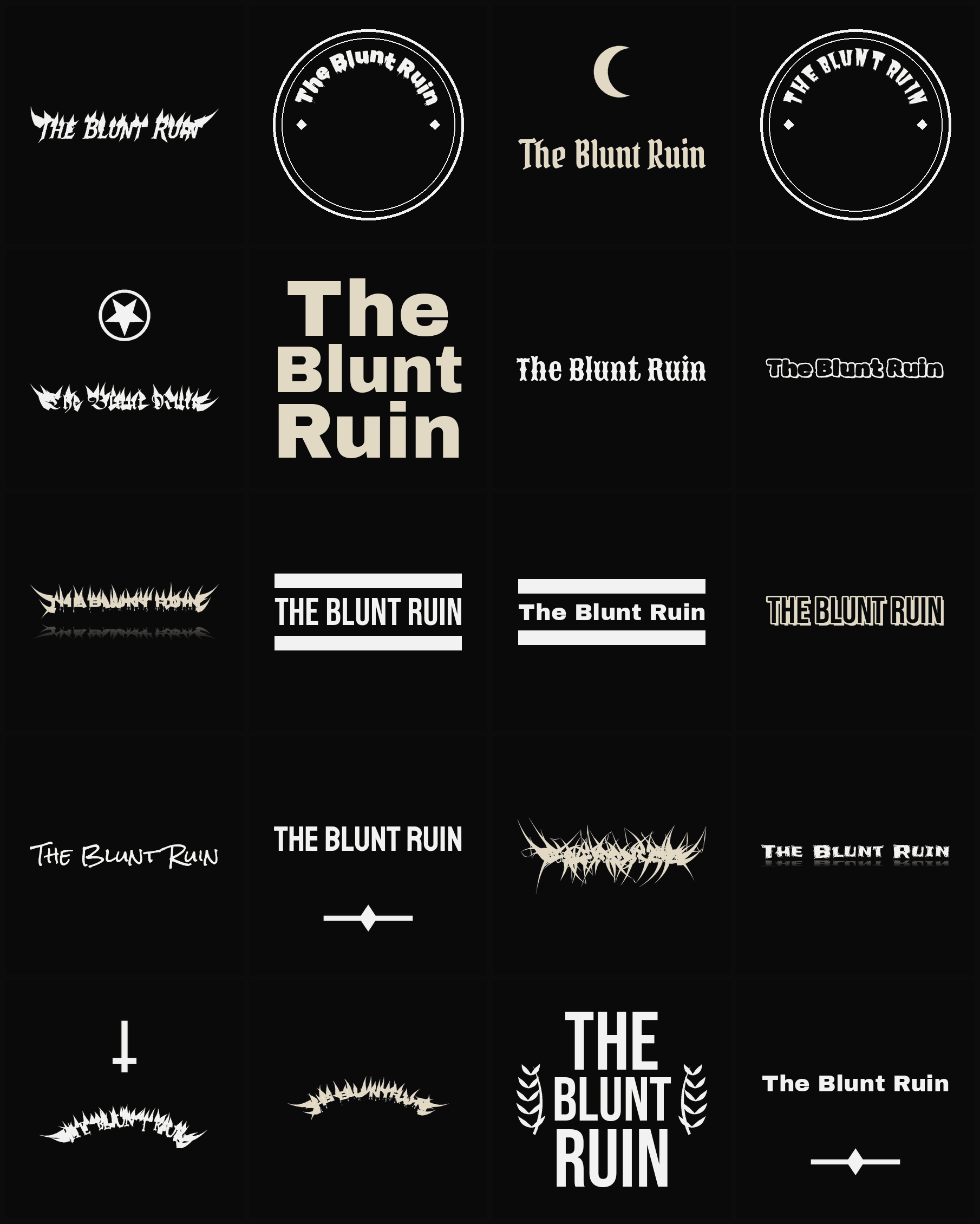 Twenty The Blunt Ruin band logo ideas — different faces, treatments and spike settings