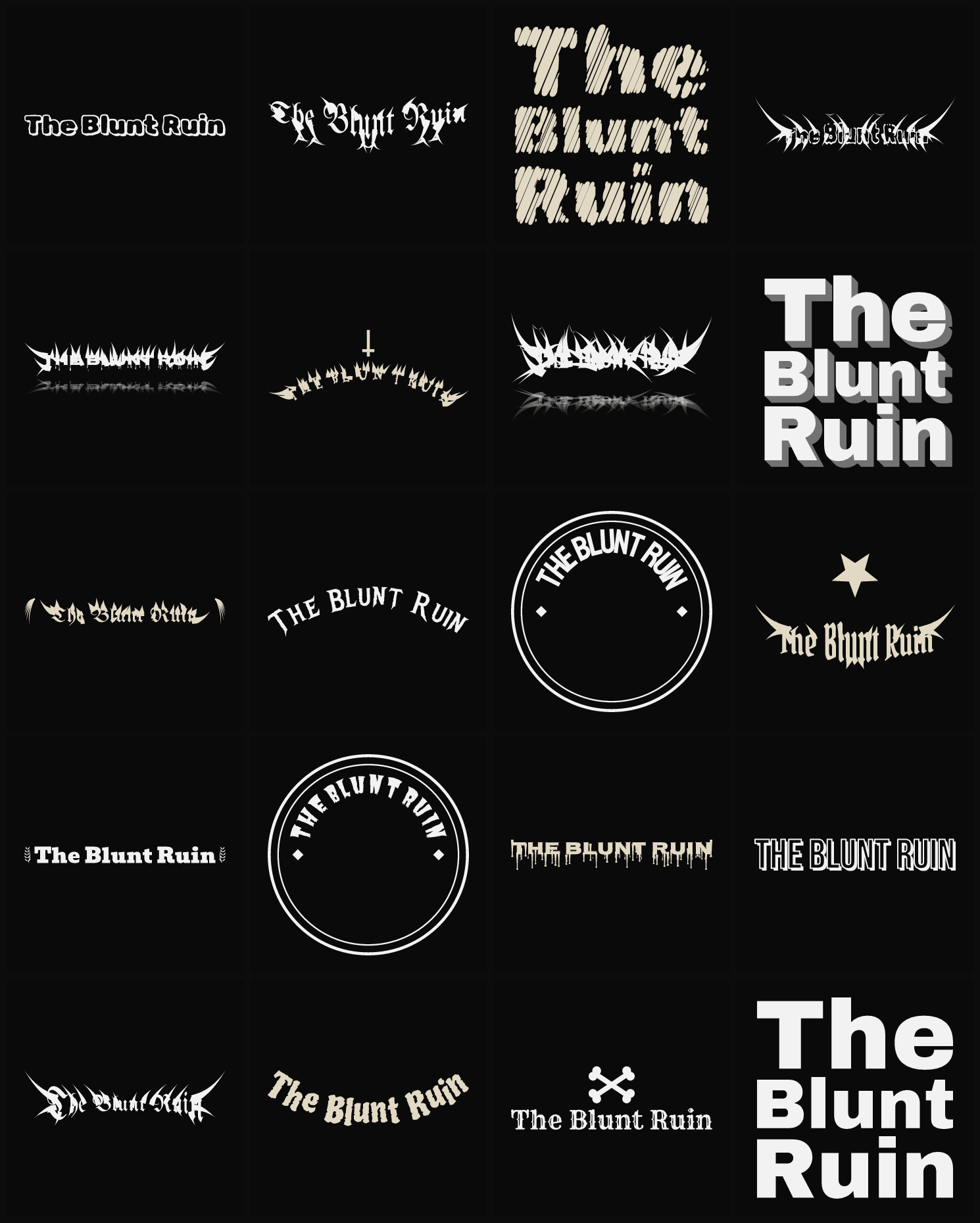 Twenty The Blunt Ruin band logo ideas — different faces, treatments and spike settings