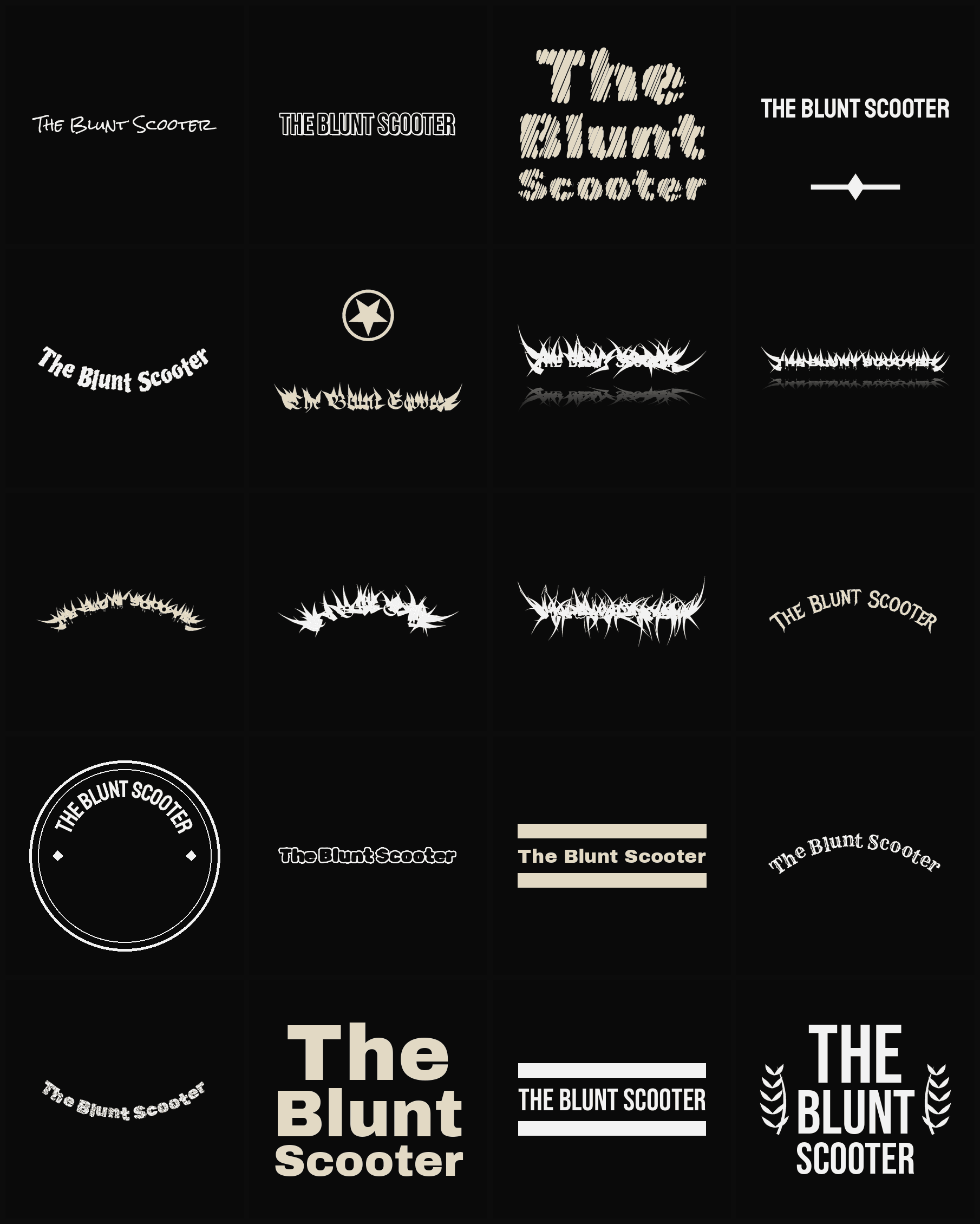 Twenty The Blunt Scooter band logo ideas — different faces, treatments and spike settings