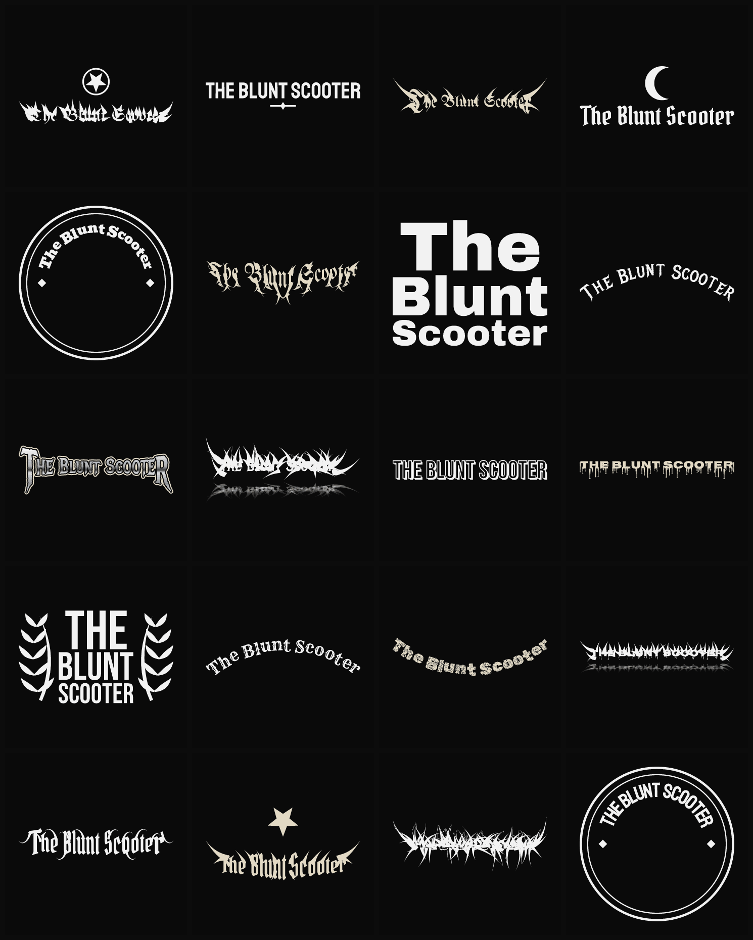 Twenty The Blunt Scooter band logo ideas — different faces, treatments and spike settings