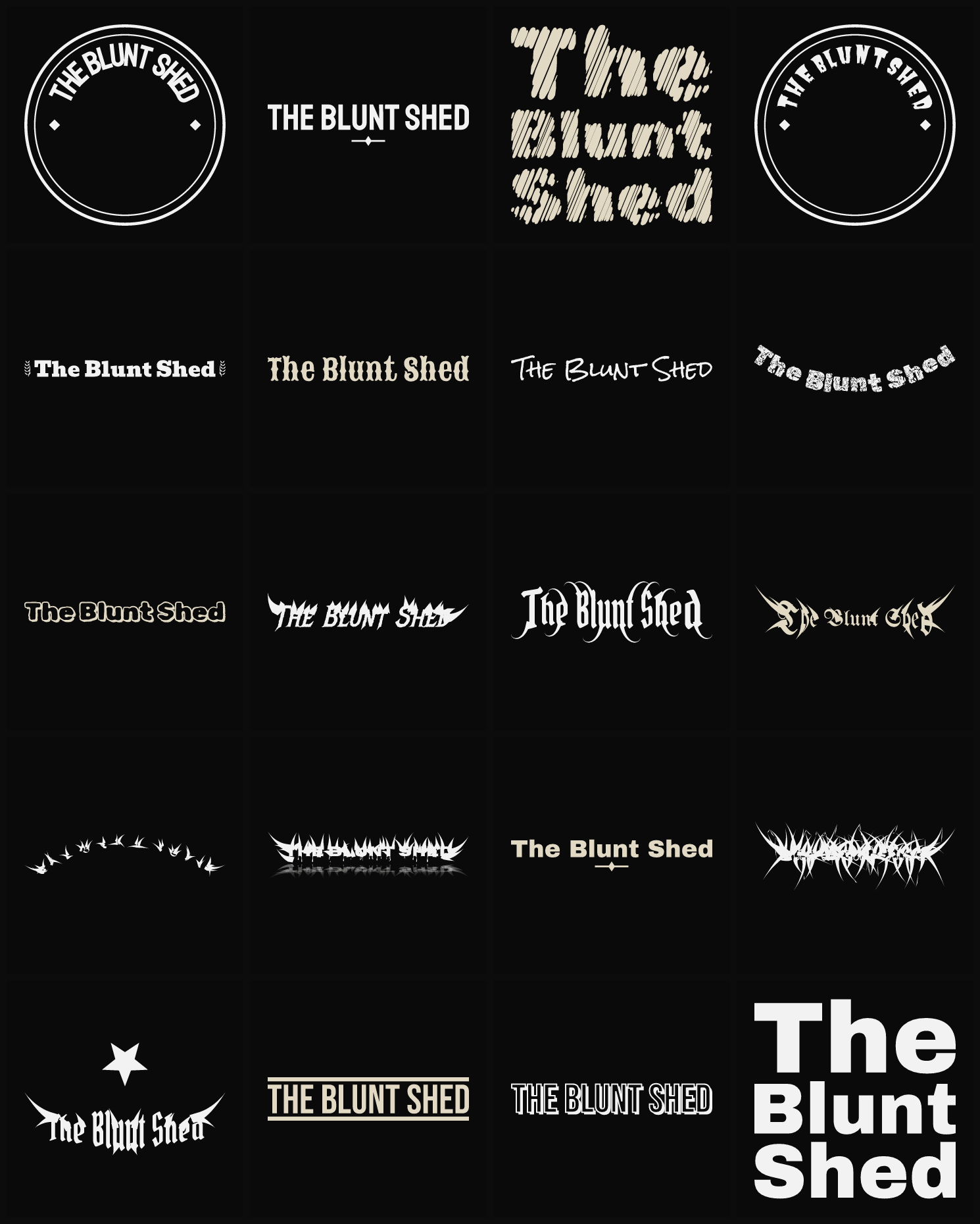 Twenty The Blunt Shed band logo ideas — different faces, treatments and spike settings