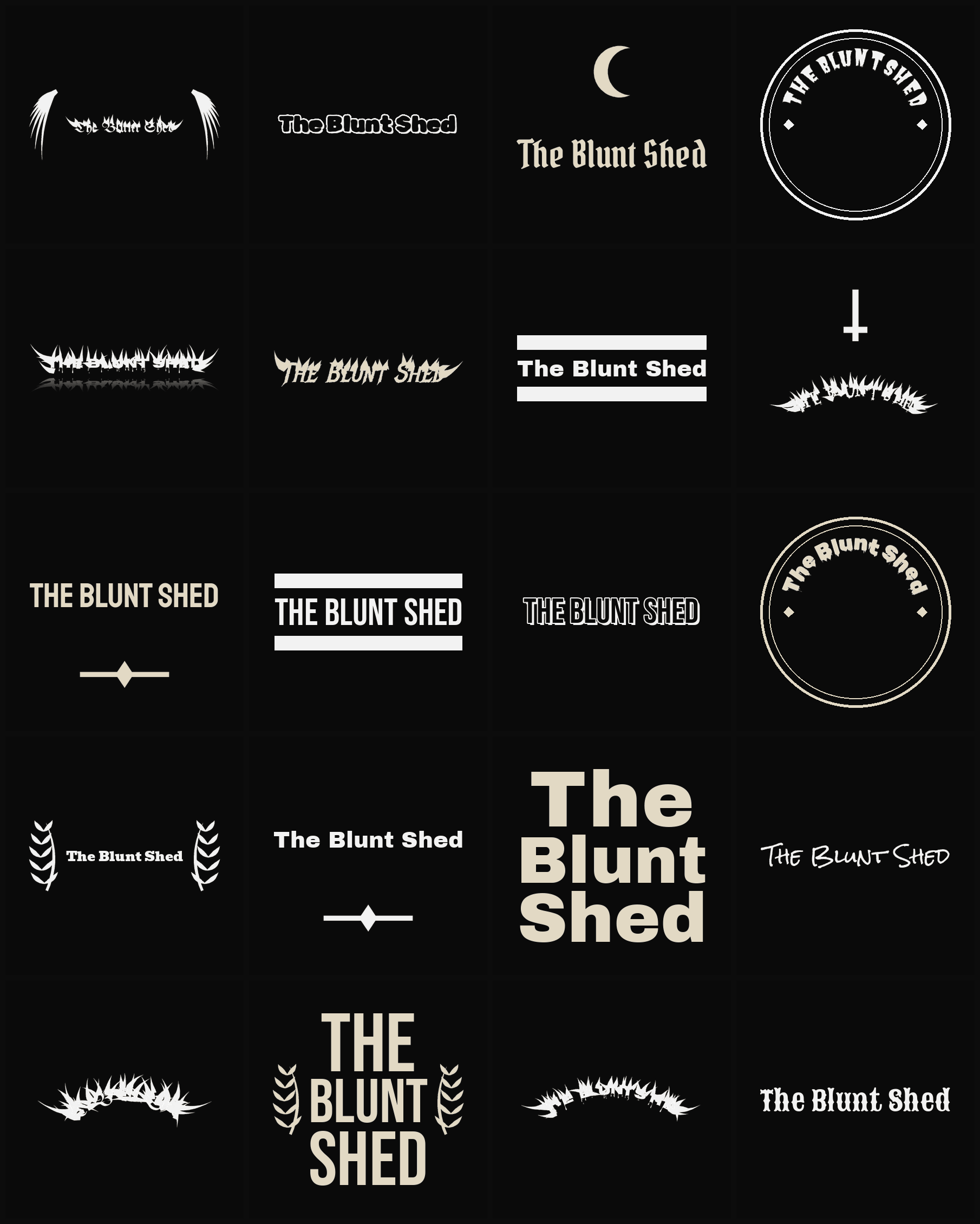 Twenty The Blunt Shed band logo ideas — different faces, treatments and spike settings