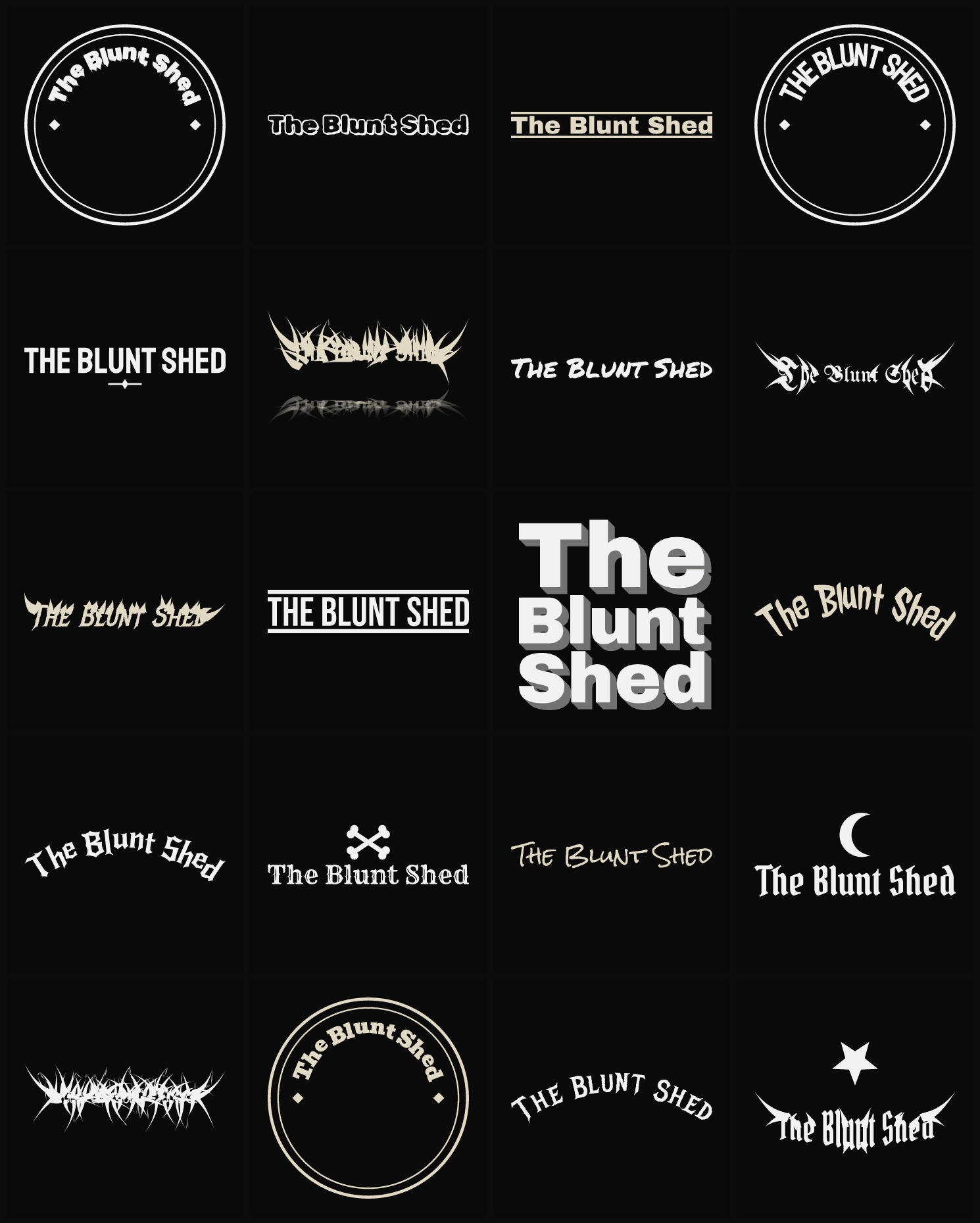 Twenty The Blunt Shed band logo ideas — different faces, treatments and spike settings
