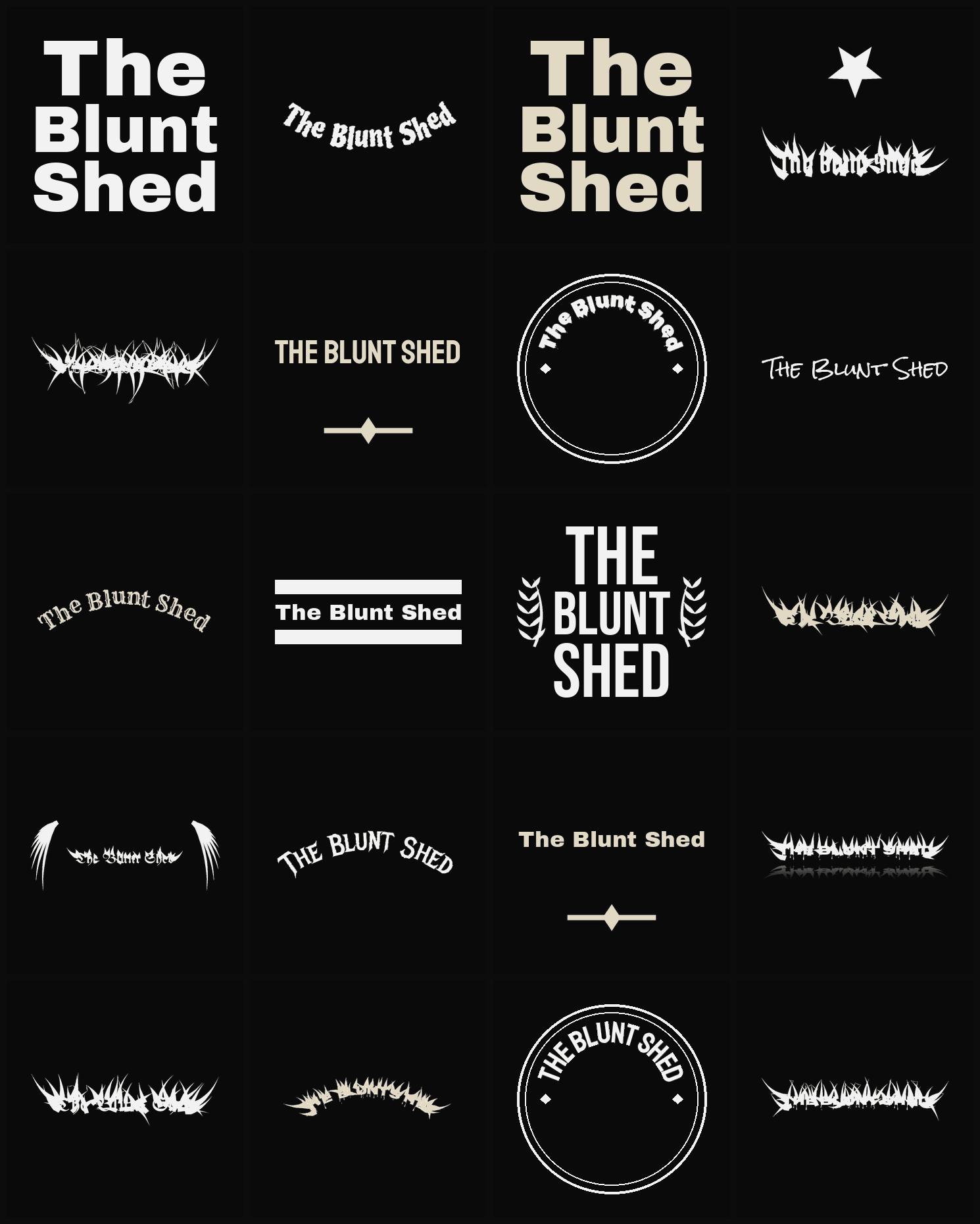 Twenty The Blunt Shed band logo ideas — different faces, treatments and spike settings