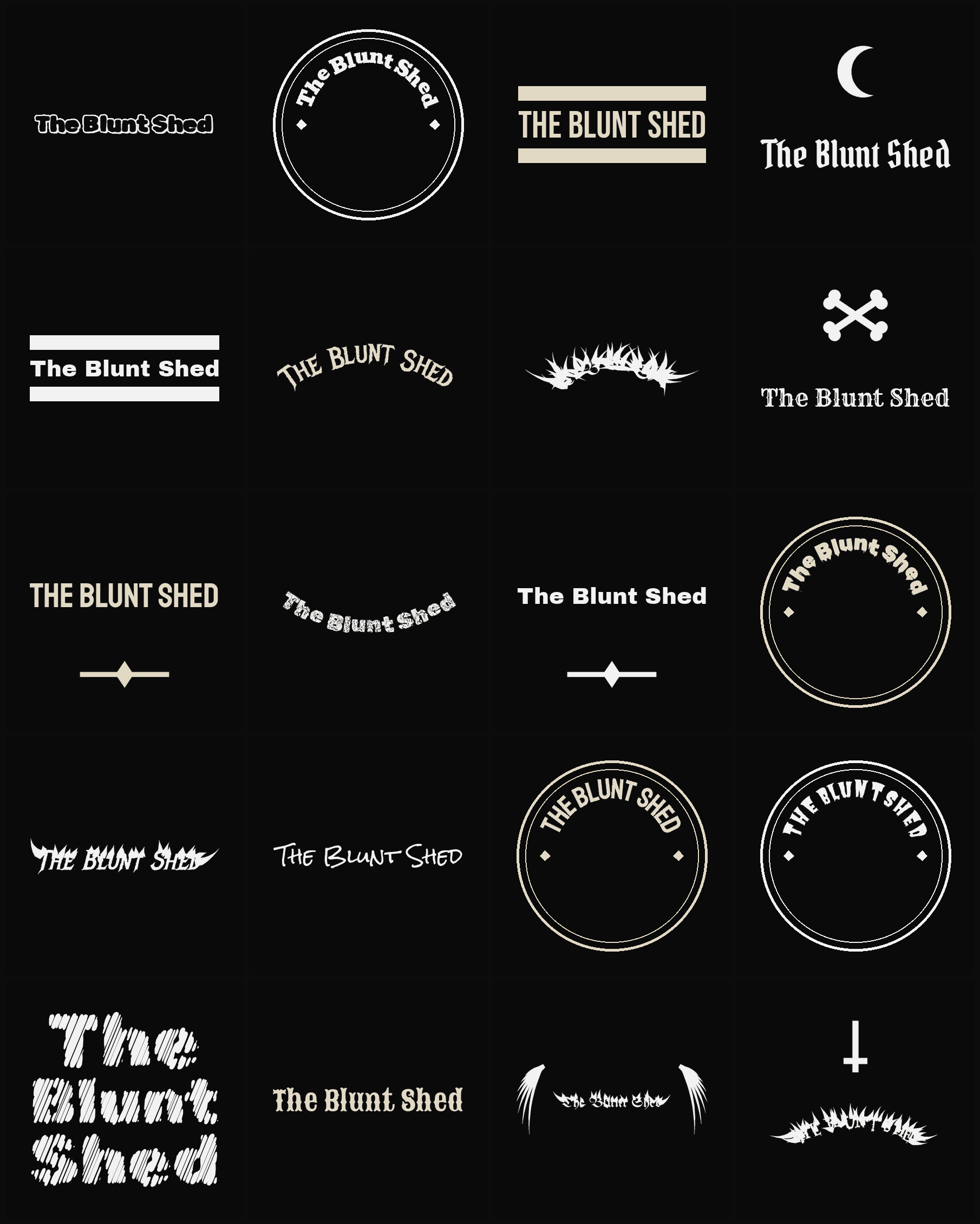 Twenty The Blunt Shed band logo ideas — different faces, treatments and spike settings
