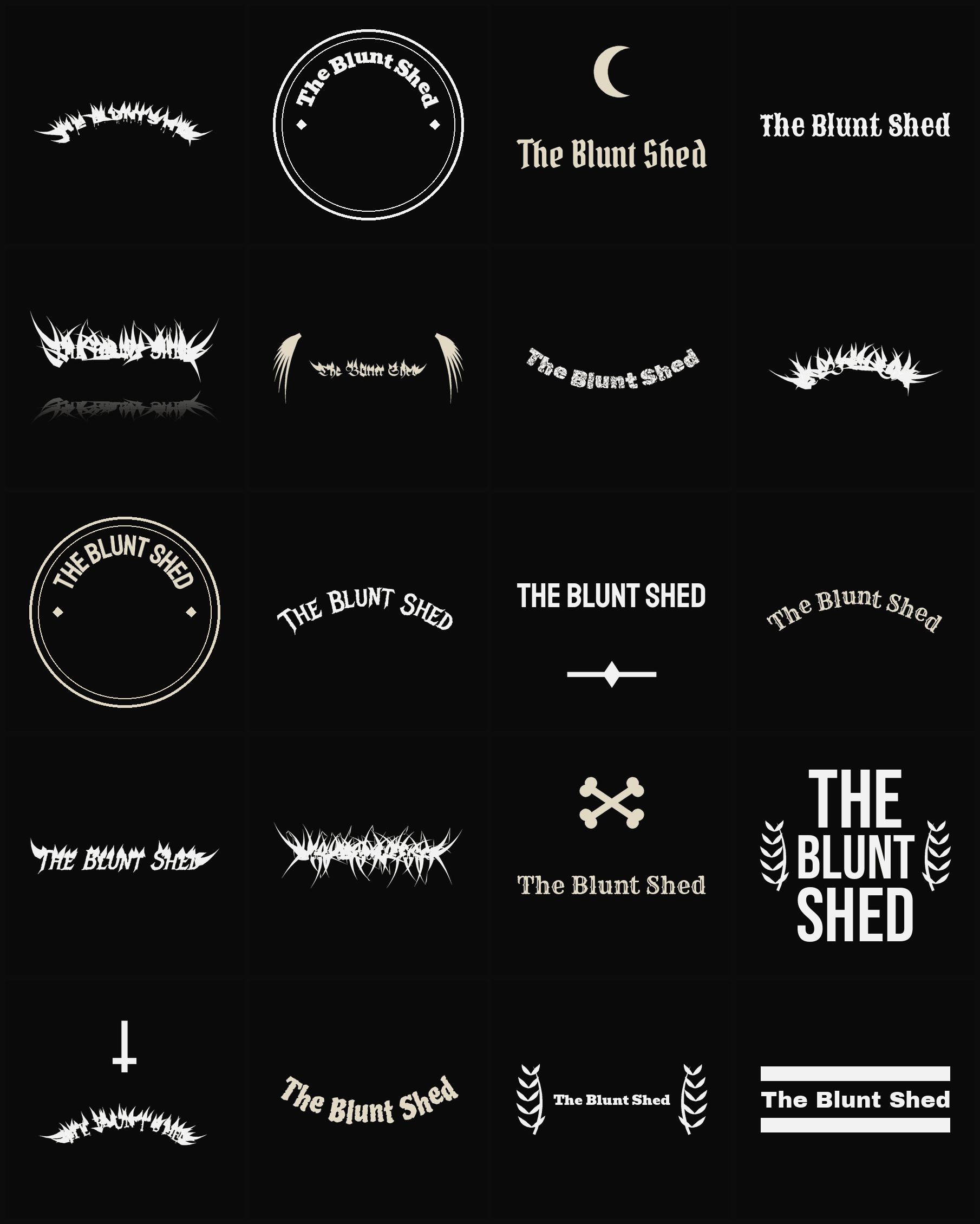 Twenty The Blunt Shed band logo ideas — different faces, treatments and spike settings