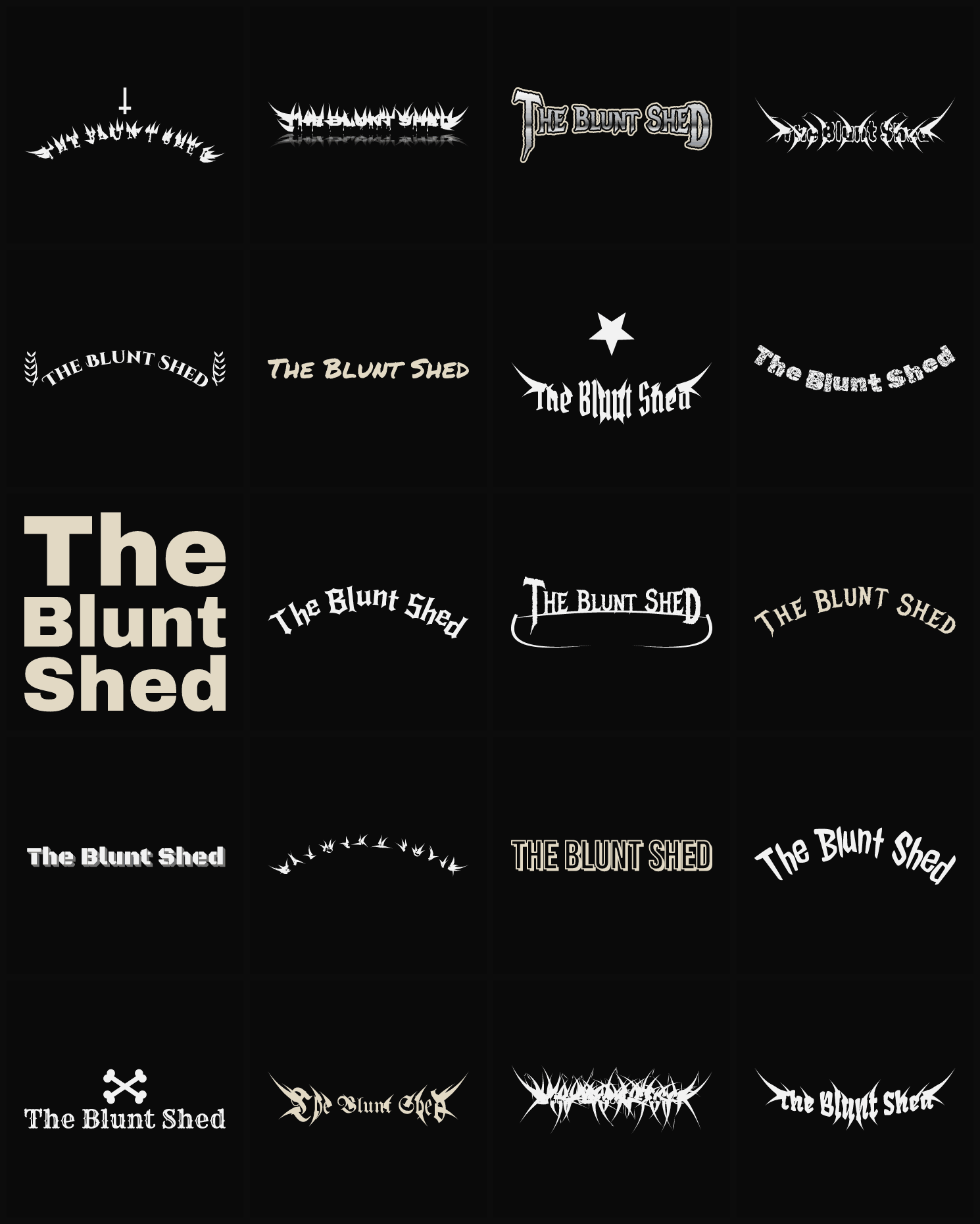Twenty The Blunt Shed band logo ideas — different faces, treatments and spike settings