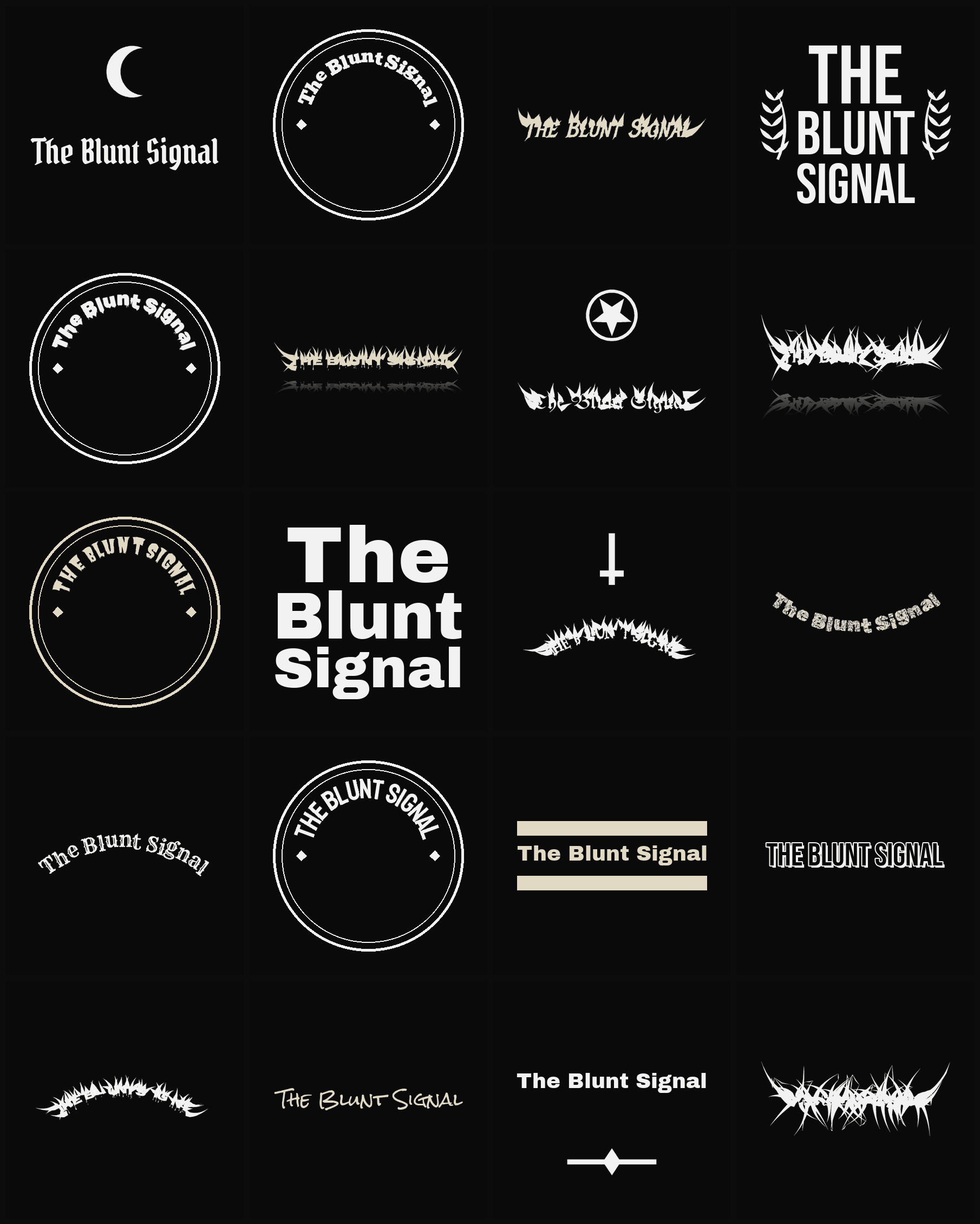 Twenty The Blunt Signal band logo ideas — different faces, treatments and spike settings