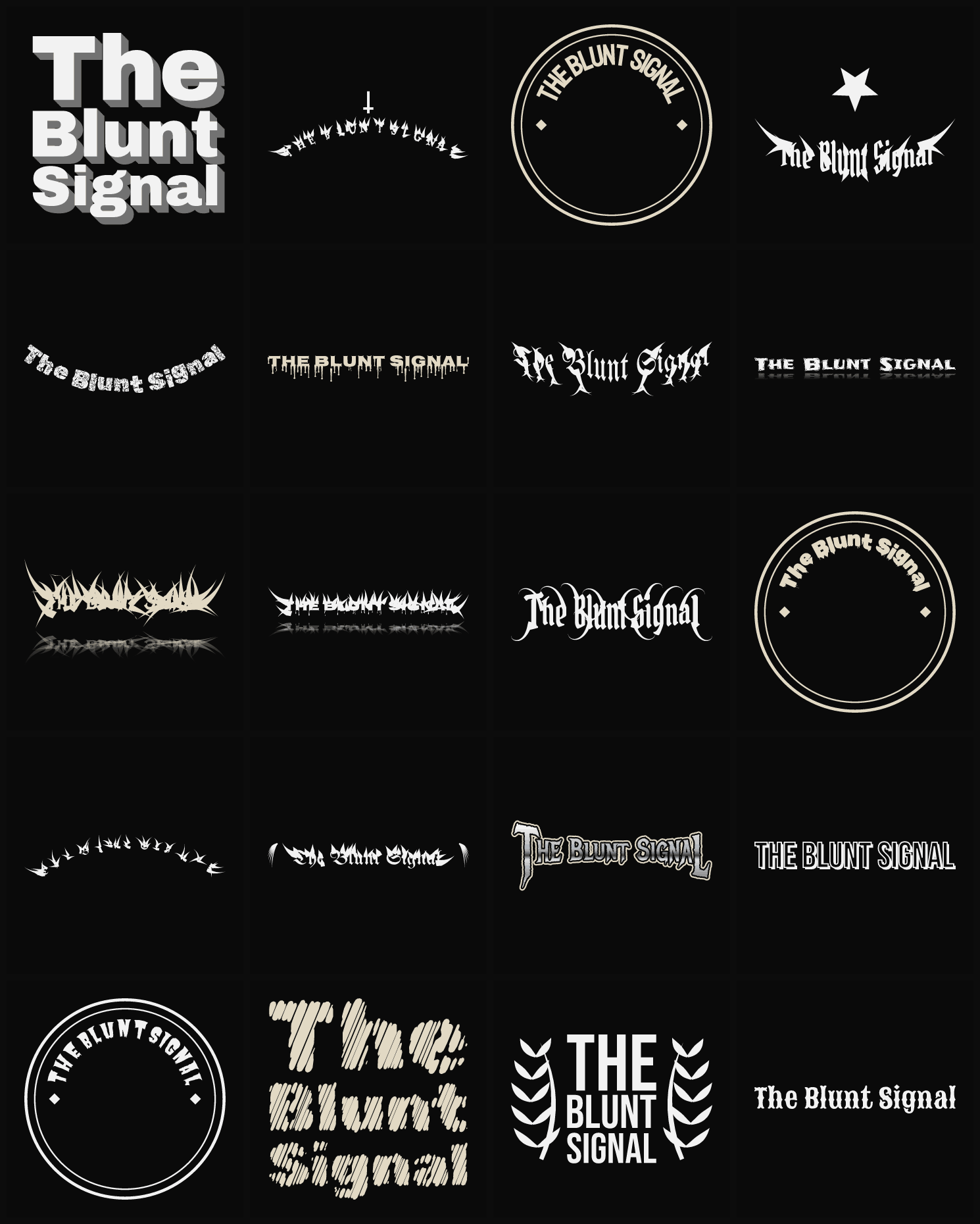 Twenty The Blunt Signal band logo ideas — different faces, treatments and spike settings