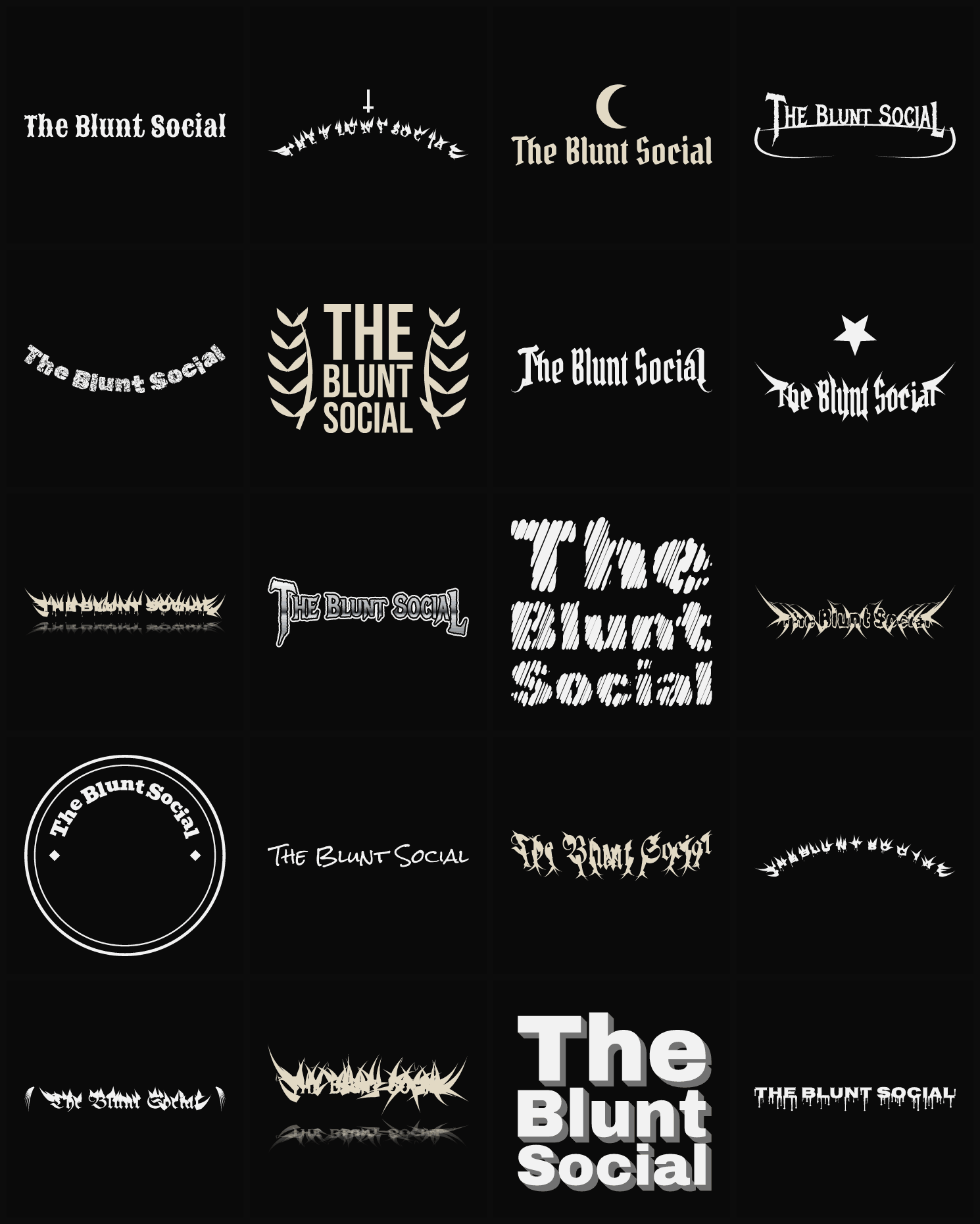 Twenty The Blunt Social band logo ideas — different faces, treatments and spike settings