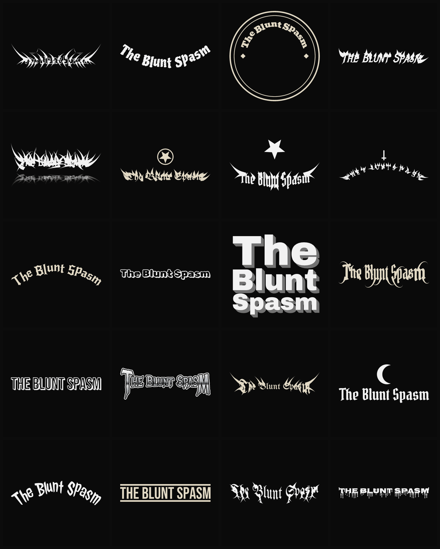 Twenty The Blunt Spasm band logo ideas — different faces, treatments and spike settings