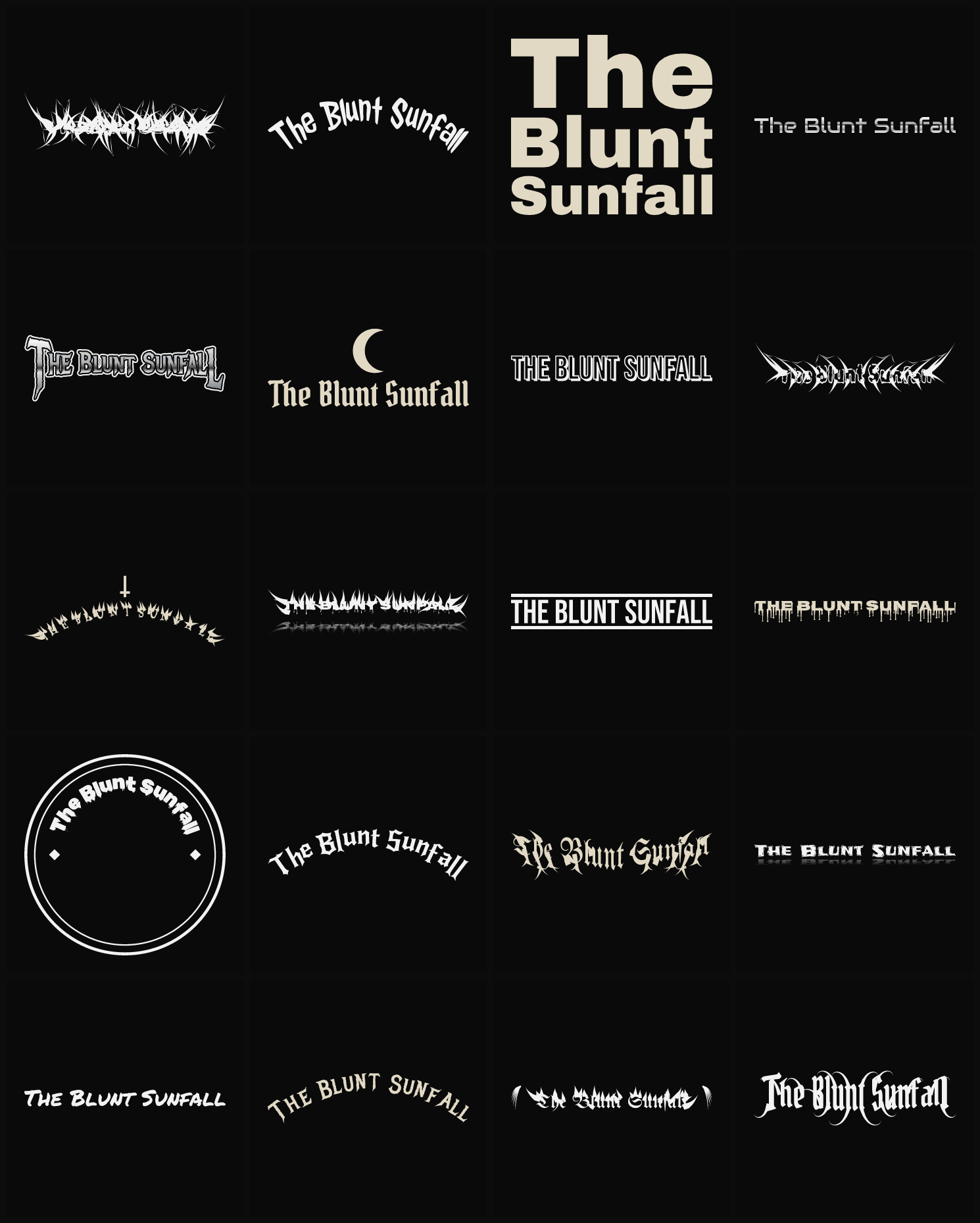Twenty The Blunt Sunfall band logo ideas — different faces, treatments and spike settings
