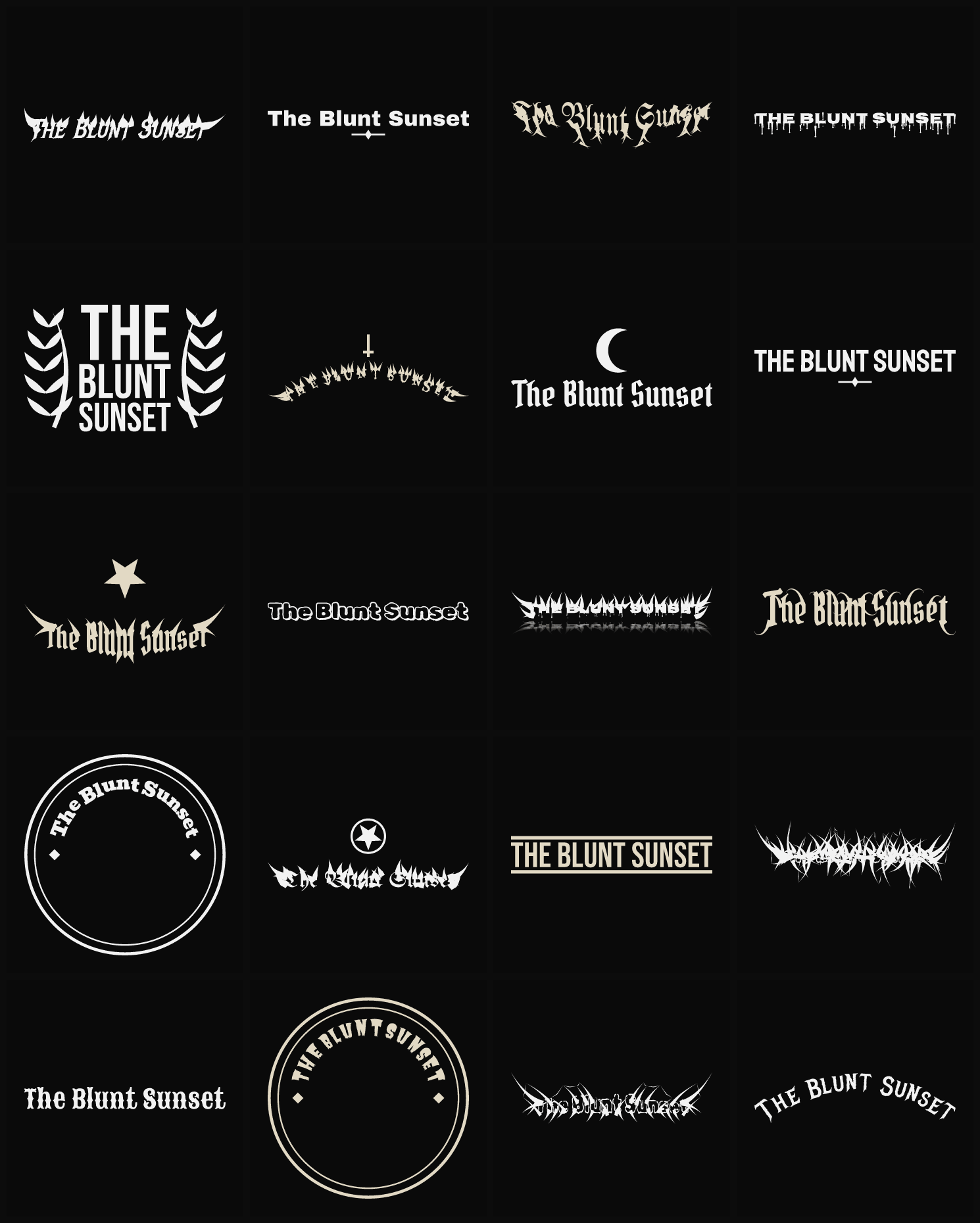 Twenty The Blunt Sunset band logo ideas — different faces, treatments and spike settings
