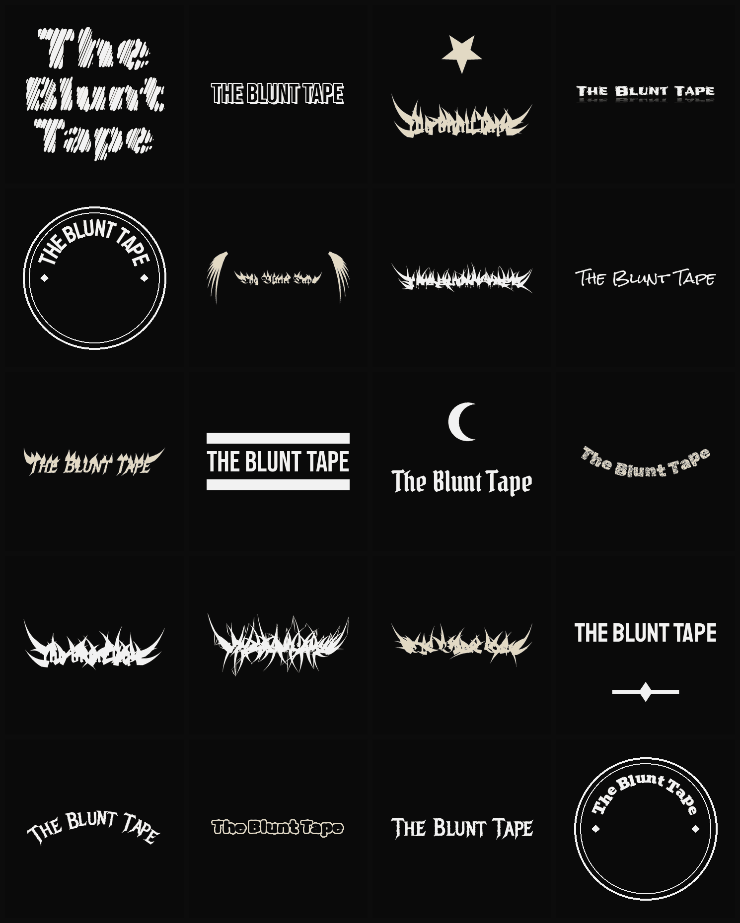 Twenty The Blunt Tape band logo ideas — different faces, treatments and spike settings