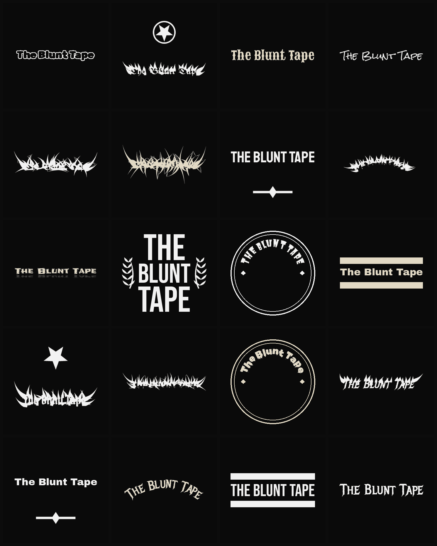 Twenty The Blunt Tape band logo ideas — different faces, treatments and spike settings