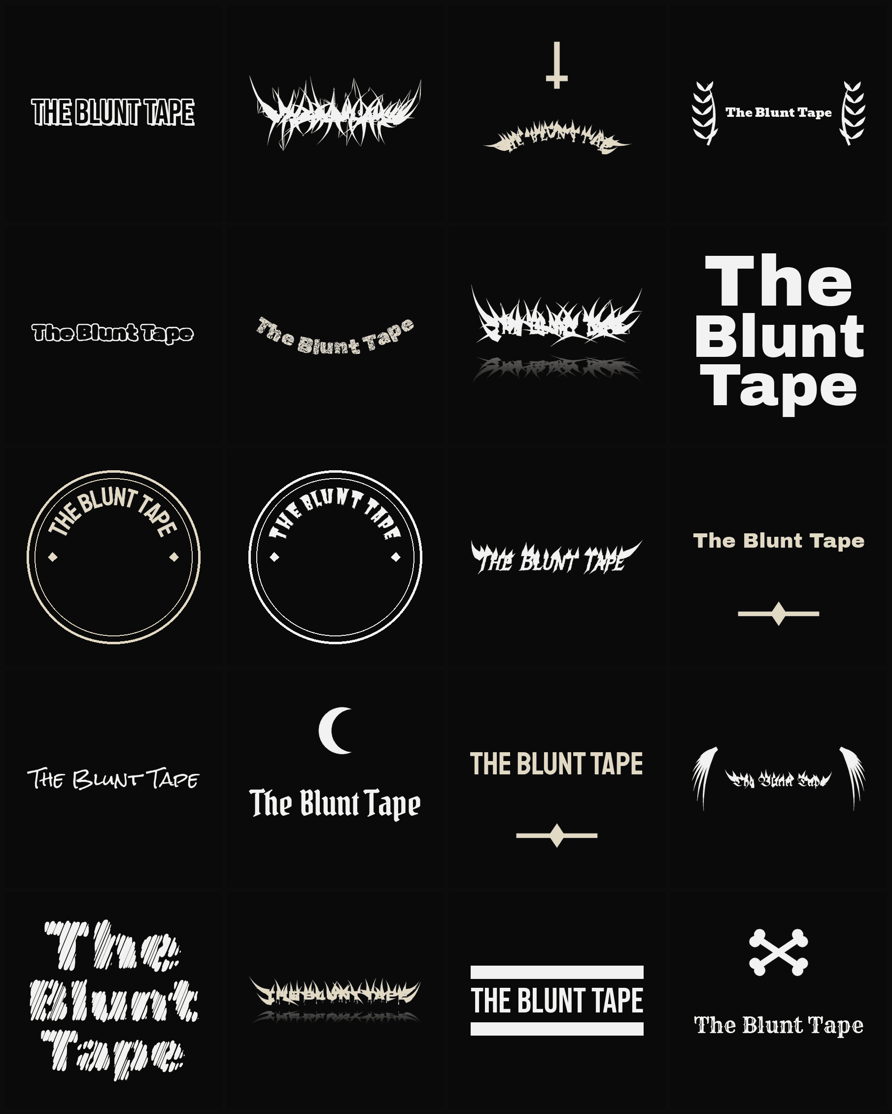 Twenty The Blunt Tape band logo ideas — different faces, treatments and spike settings