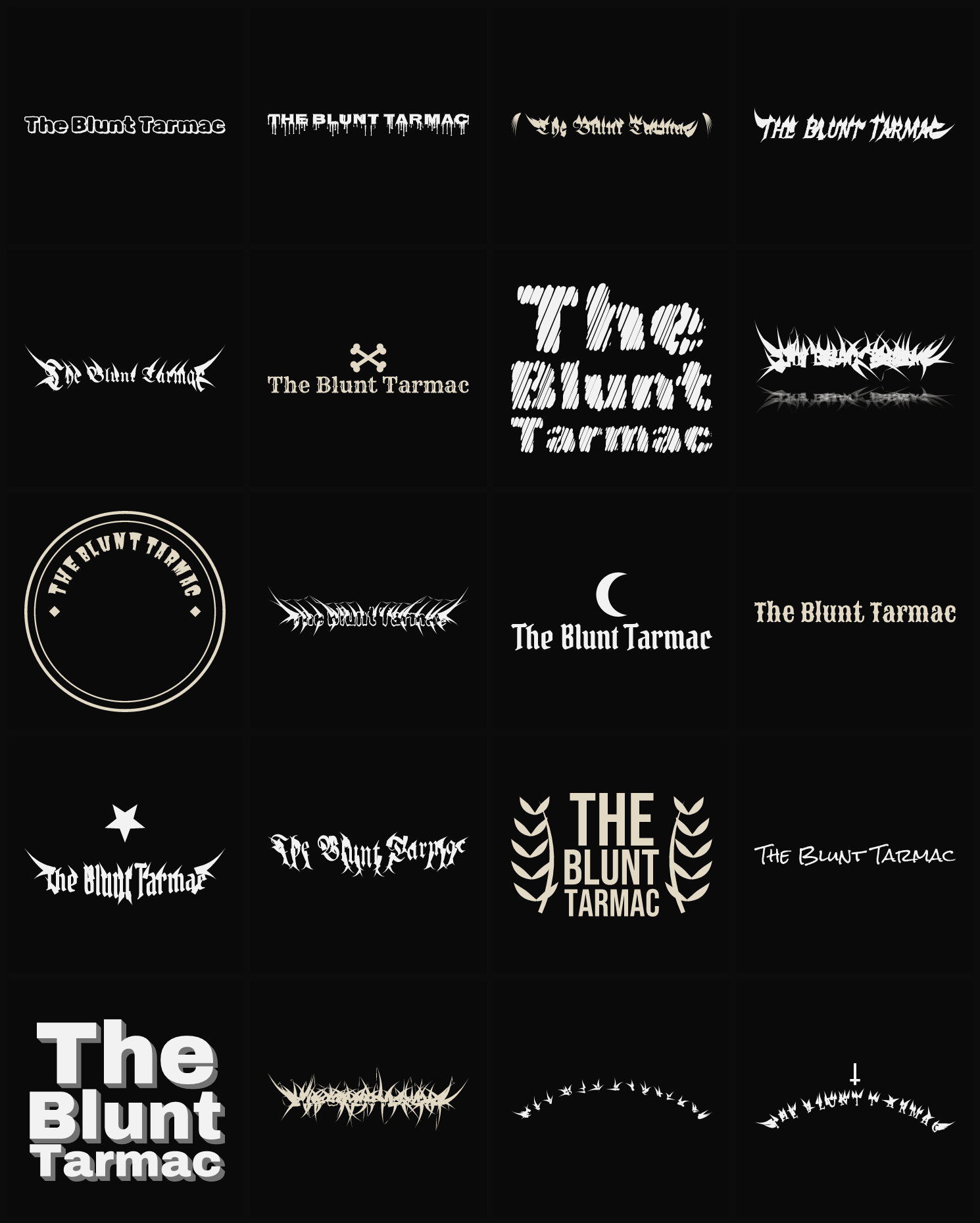 Twenty The Blunt Tarmac band logo ideas — different faces, treatments and spike settings