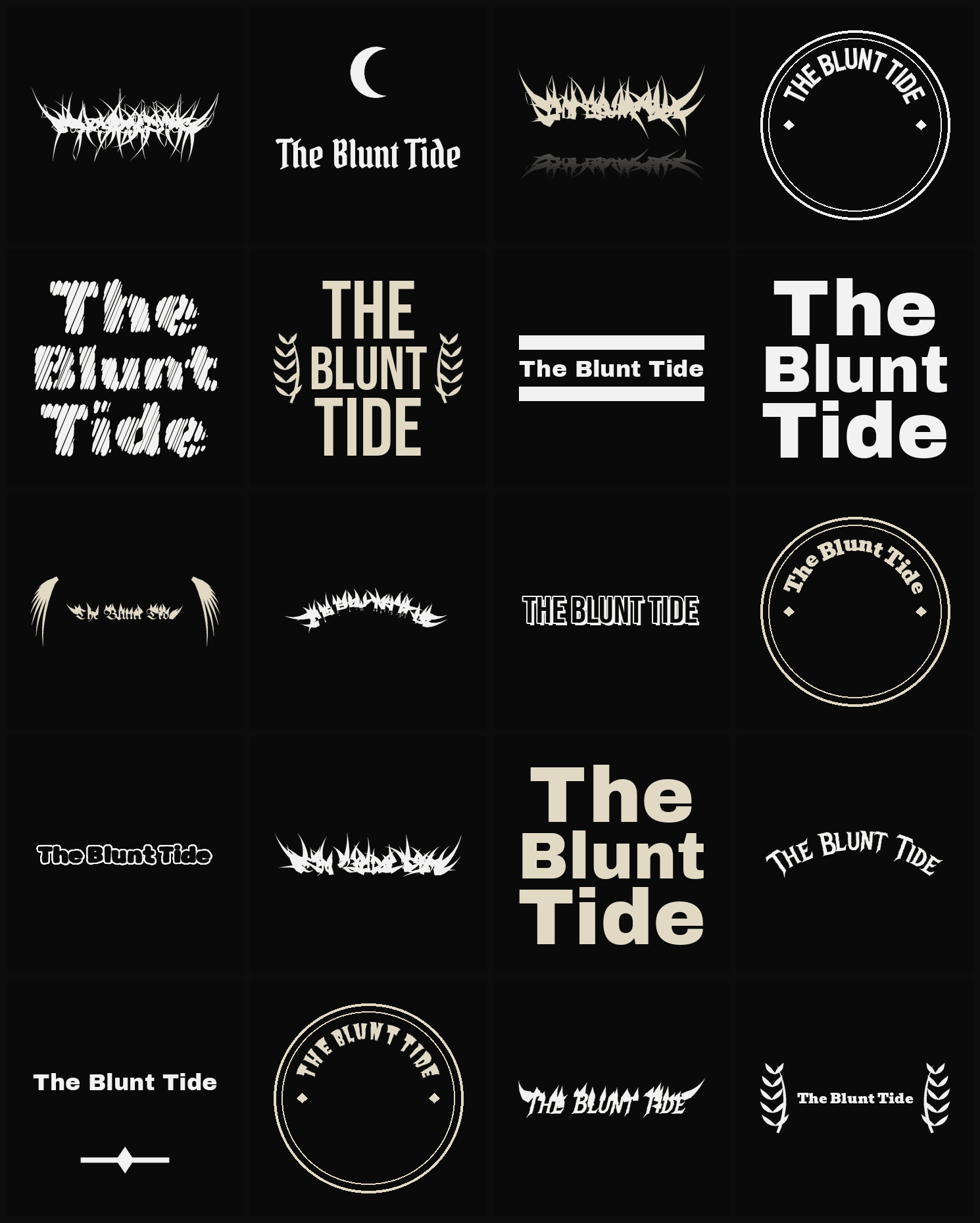 Twenty The Blunt Tide band logo ideas — different faces, treatments and spike settings