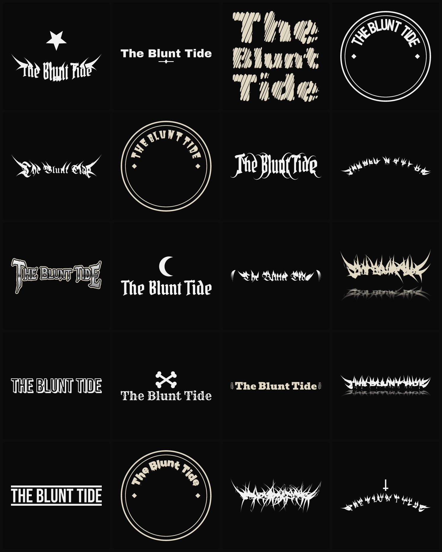 Twenty The Blunt Tide band logo ideas — different faces, treatments and spike settings