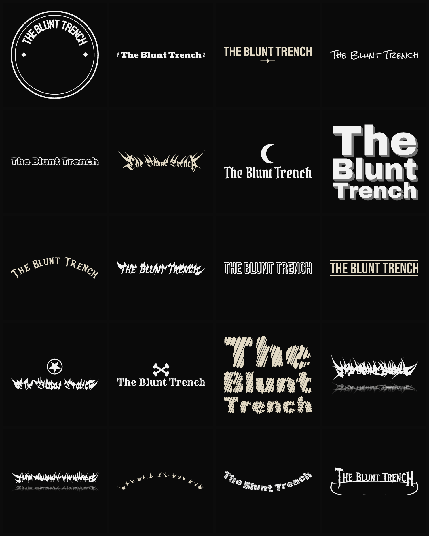Twenty The Blunt Trench band logo ideas — different faces, treatments and spike settings
