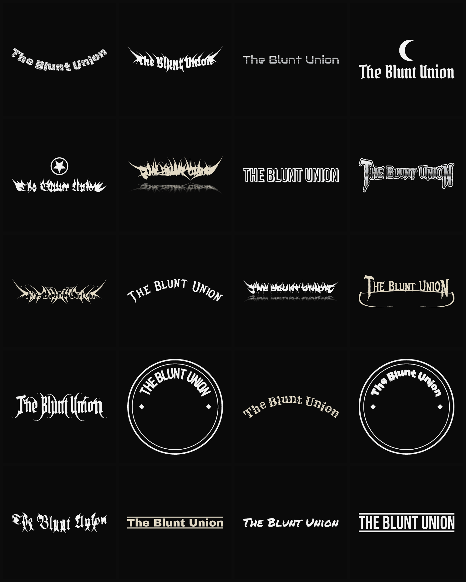 Twenty The Blunt Union band logo ideas — different faces, treatments and spike settings
