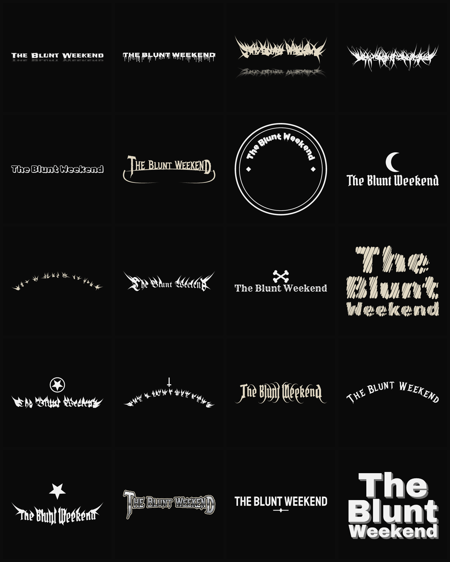 Twenty The Blunt Weekend band logo ideas — different faces, treatments and spike settings