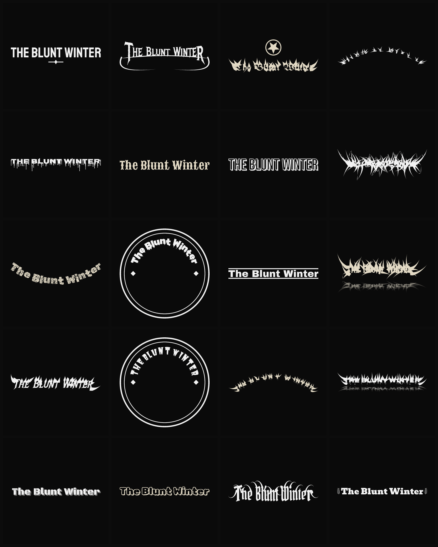Twenty The Blunt Winter band logo ideas — different faces, treatments and spike settings