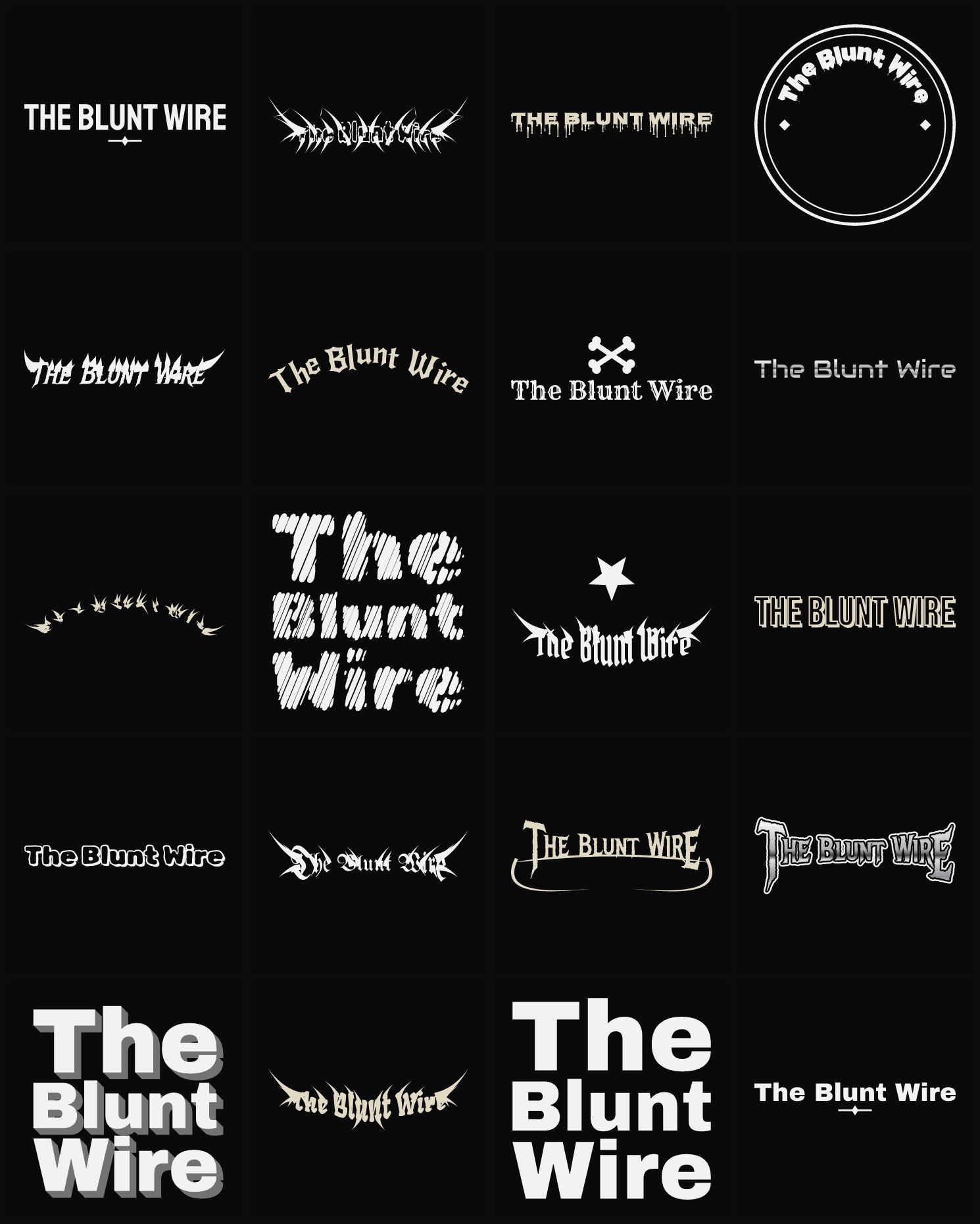 Twenty The Blunt Wire band logo ideas — different faces, treatments and spike settings