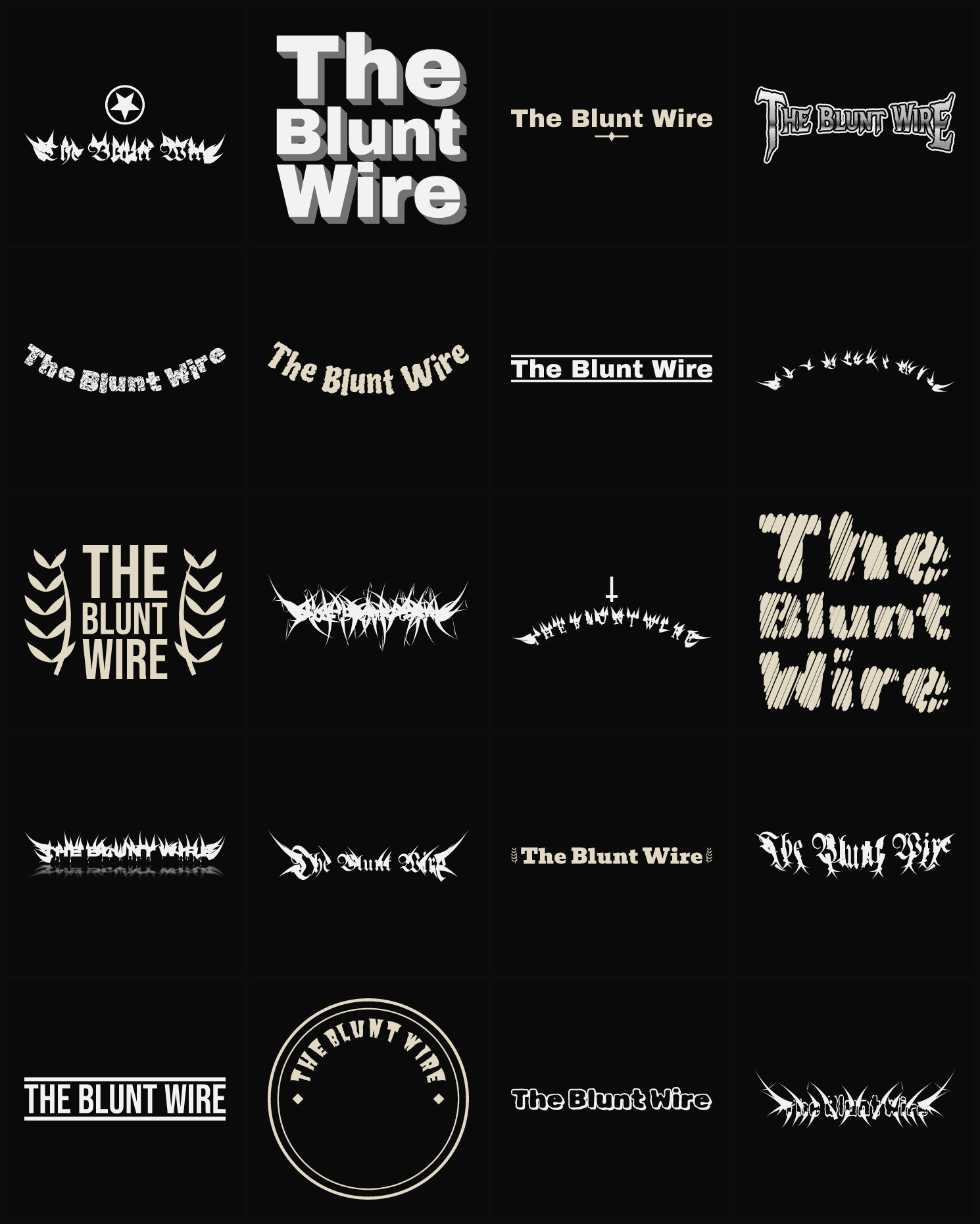Twenty The Blunt Wire band logo ideas — different faces, treatments and spike settings