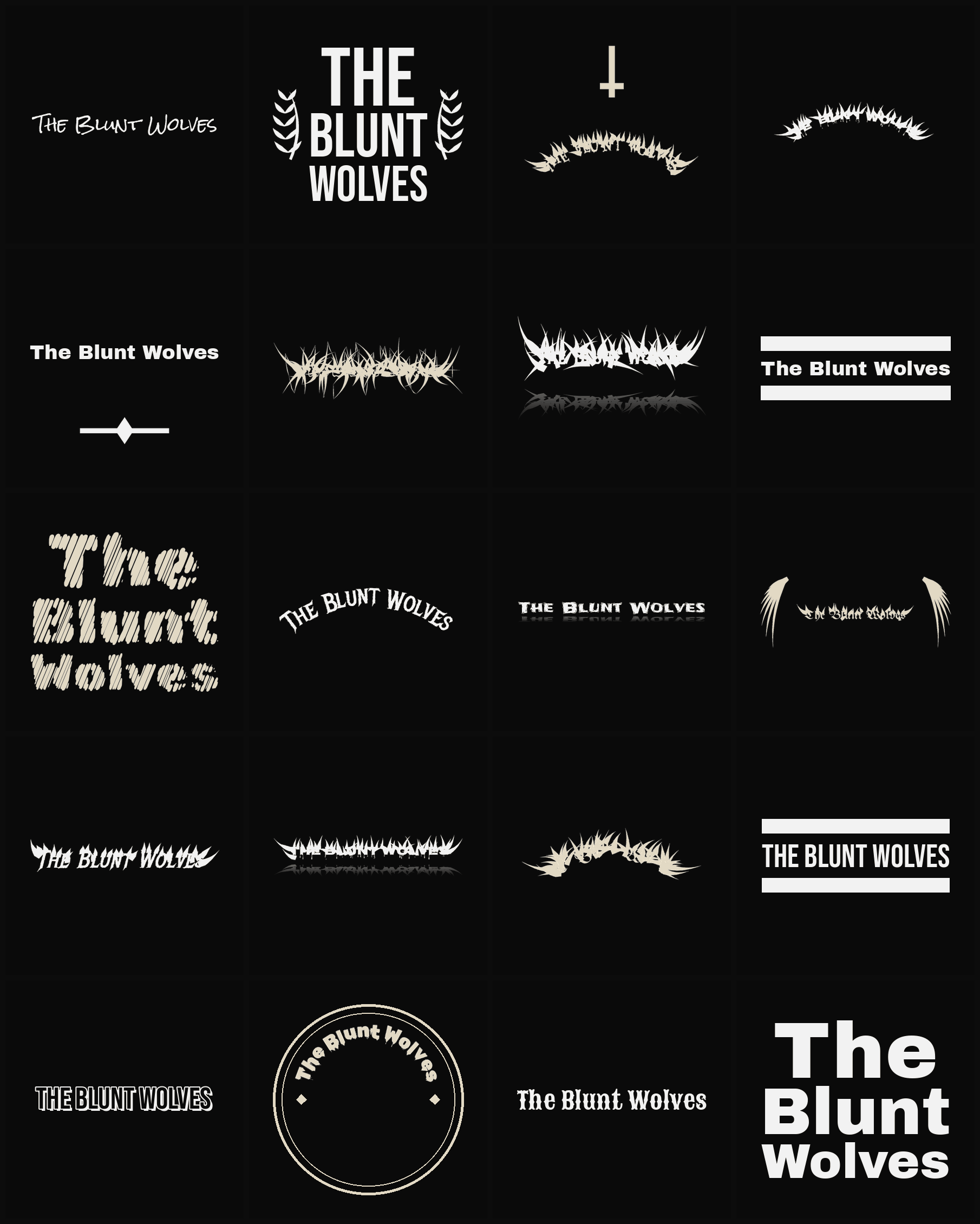Twenty The Blunt Wolves band logo ideas — different faces, treatments and spike settings