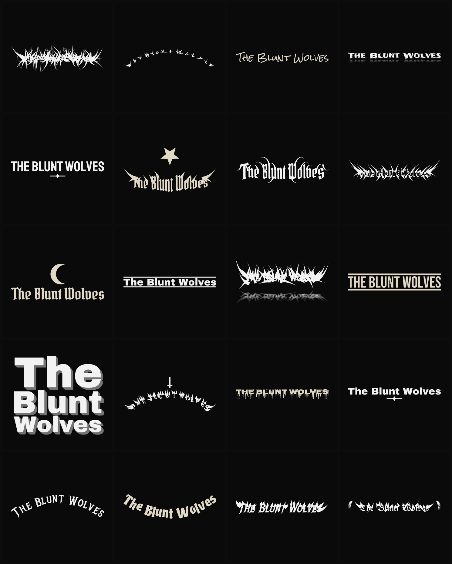 Twenty The Blunt Wolves band logo ideas — different faces, treatments and spike settings