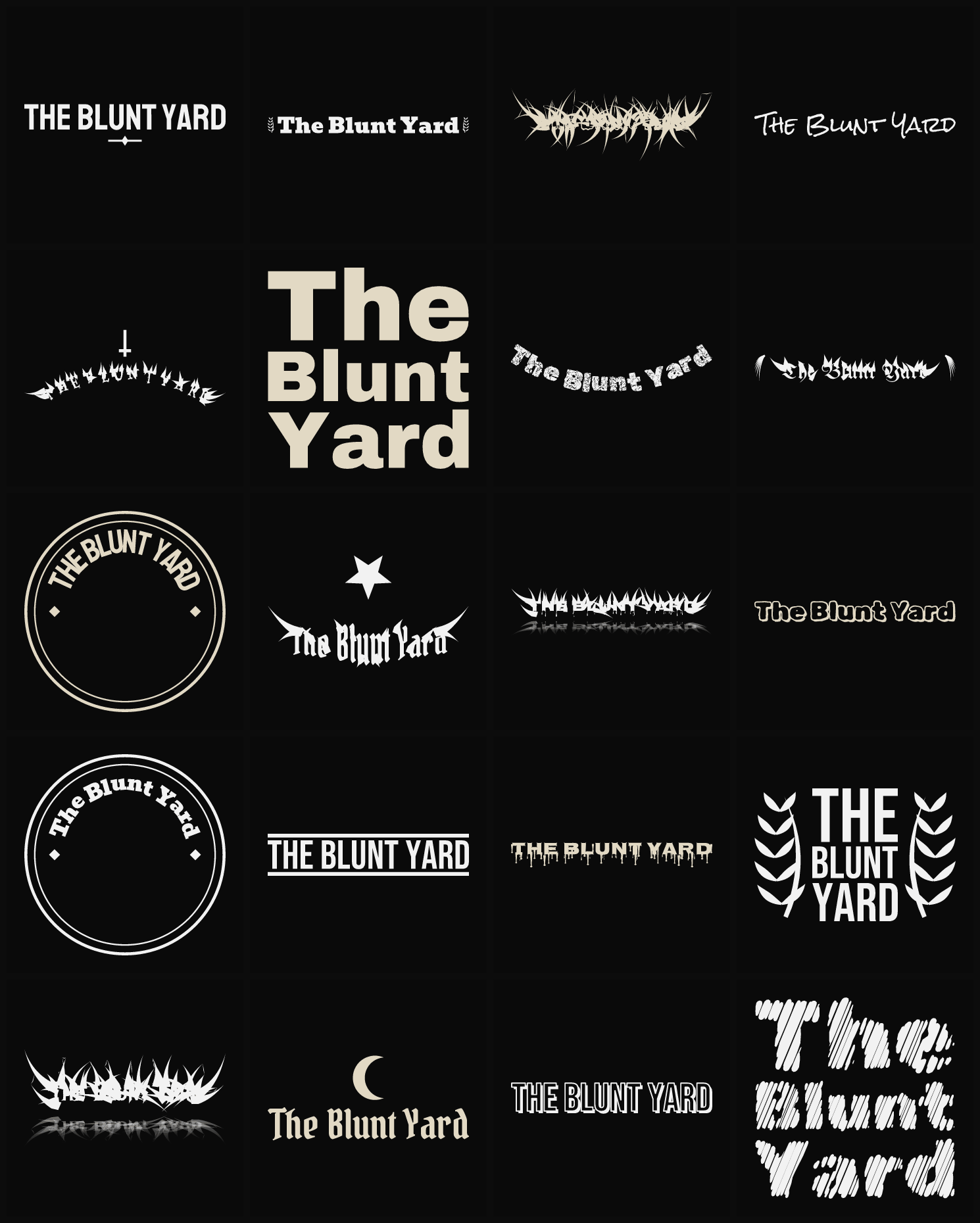 Twenty The Blunt Yard band logo ideas — different faces, treatments and spike settings