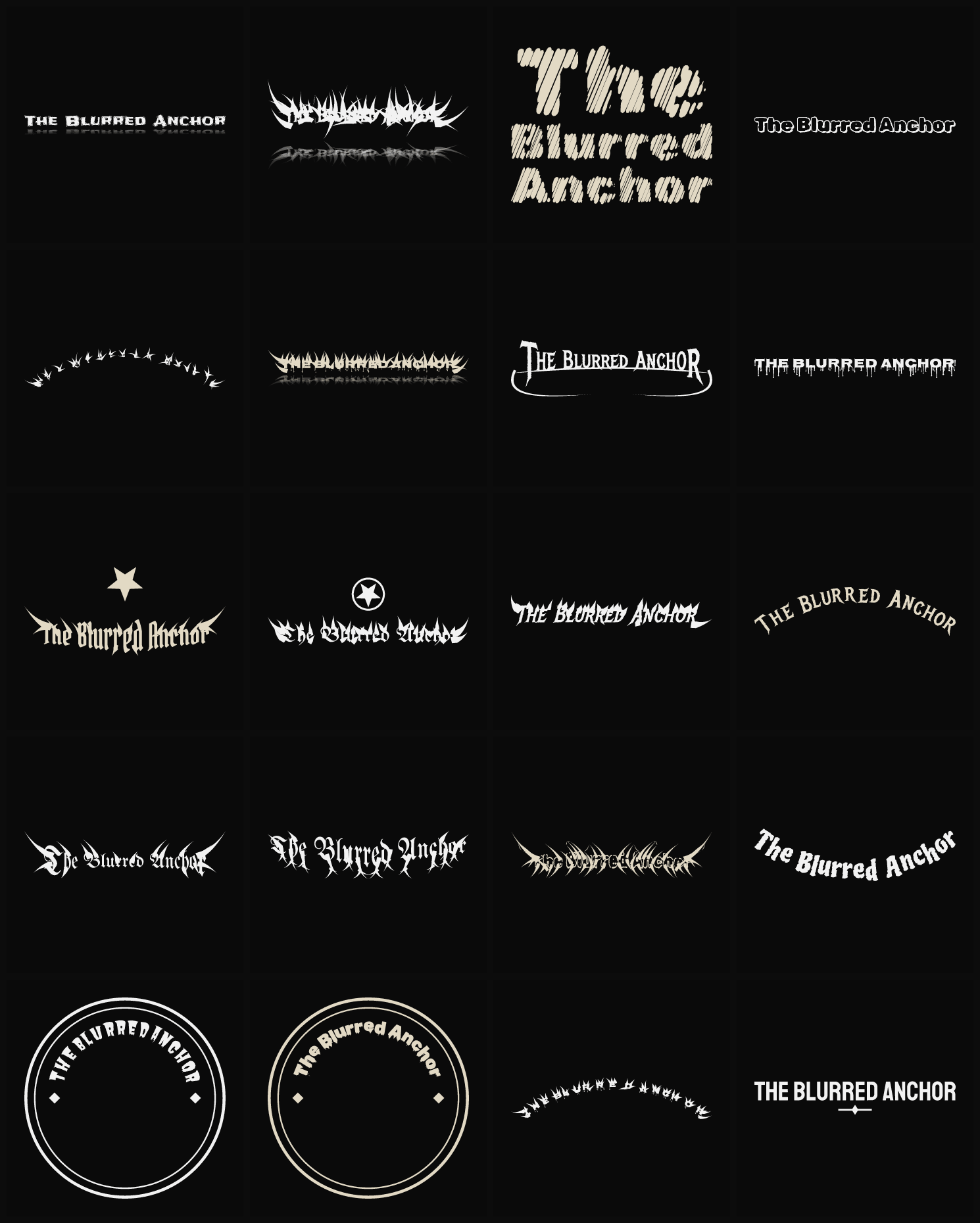 Twenty The Blurred Anchor band logo ideas — different faces, treatments and spike settings