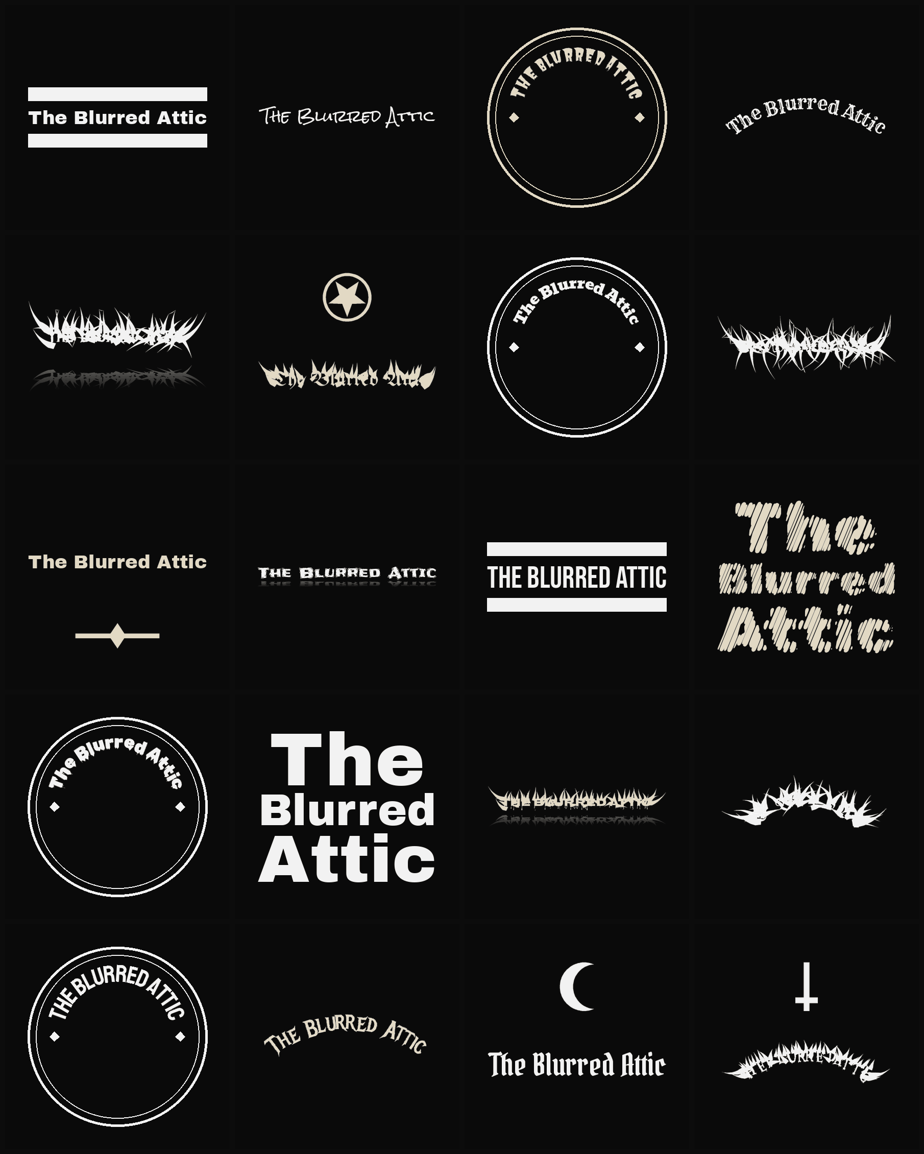 Twenty The Blurred Attic band logo ideas — different faces, treatments and spike settings