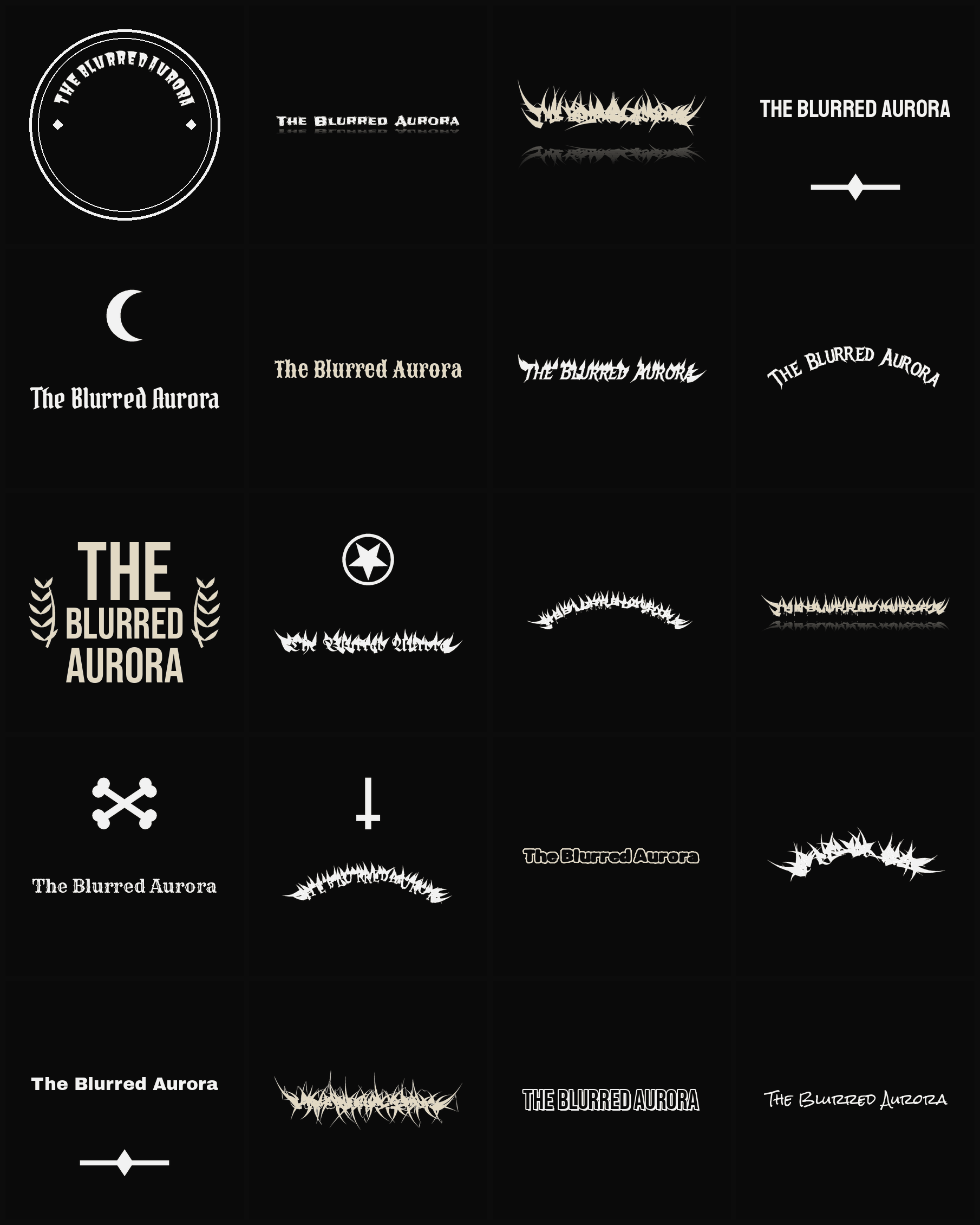 Twenty The Blurred Aurora band logo ideas — different faces, treatments and spike settings