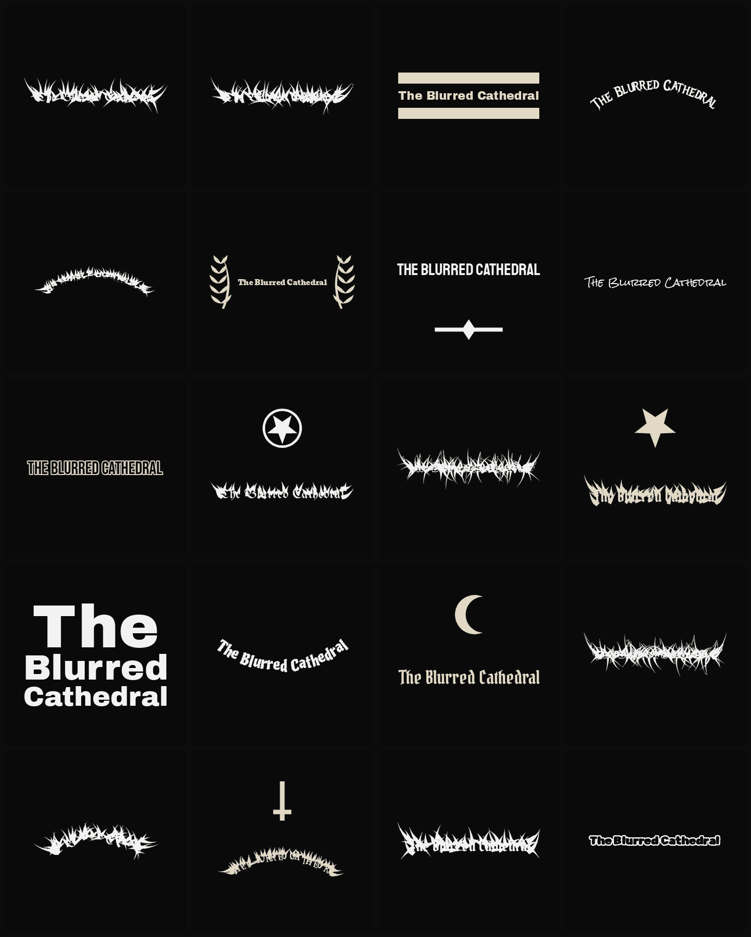 Twenty The Blurred Cathedral band logo ideas — different faces, treatments and spike settings