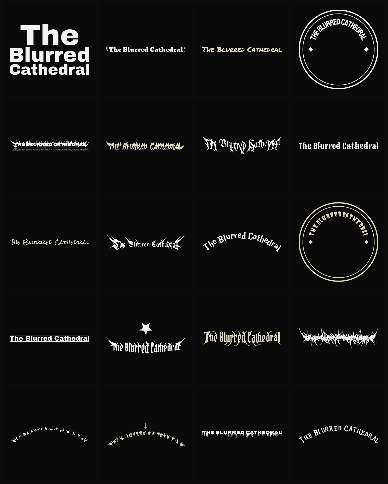 Twenty The Blurred Cathedral band logo ideas — different faces, treatments and spike settings