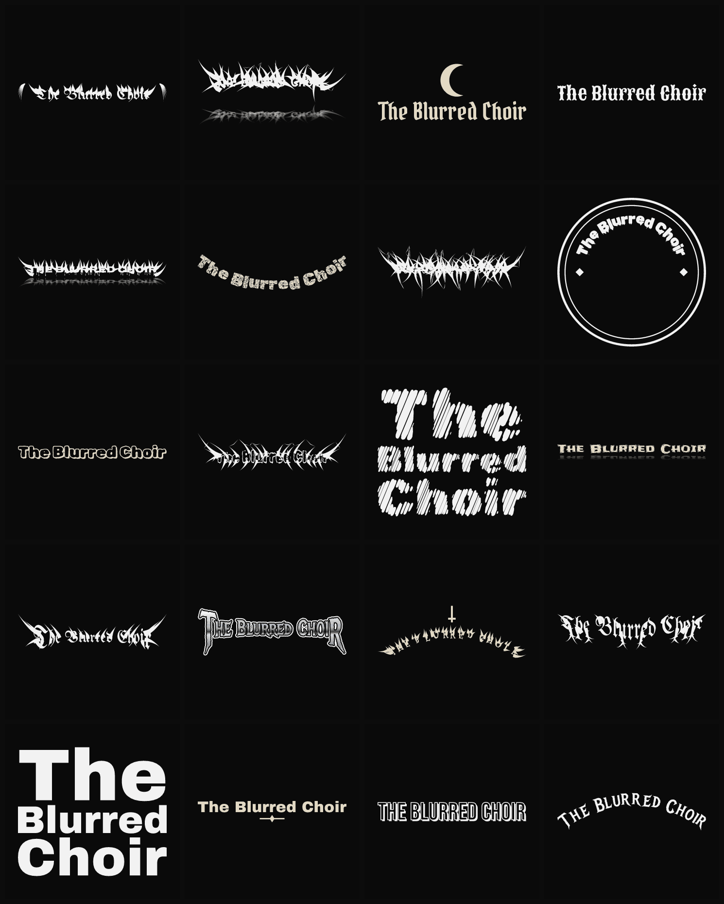 Twenty The Blurred Choir band logo ideas — different faces, treatments and spike settings
