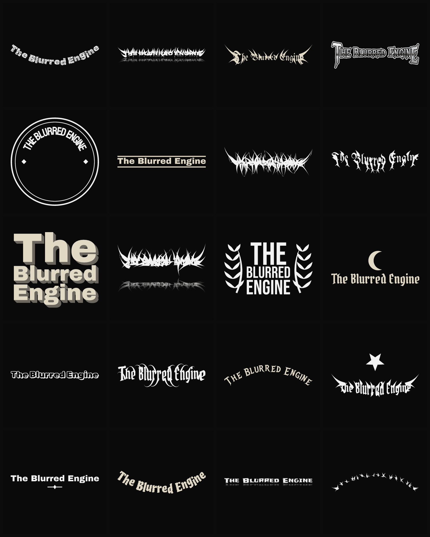 Twenty The Blurred Engine band logo ideas — different faces, treatments and spike settings