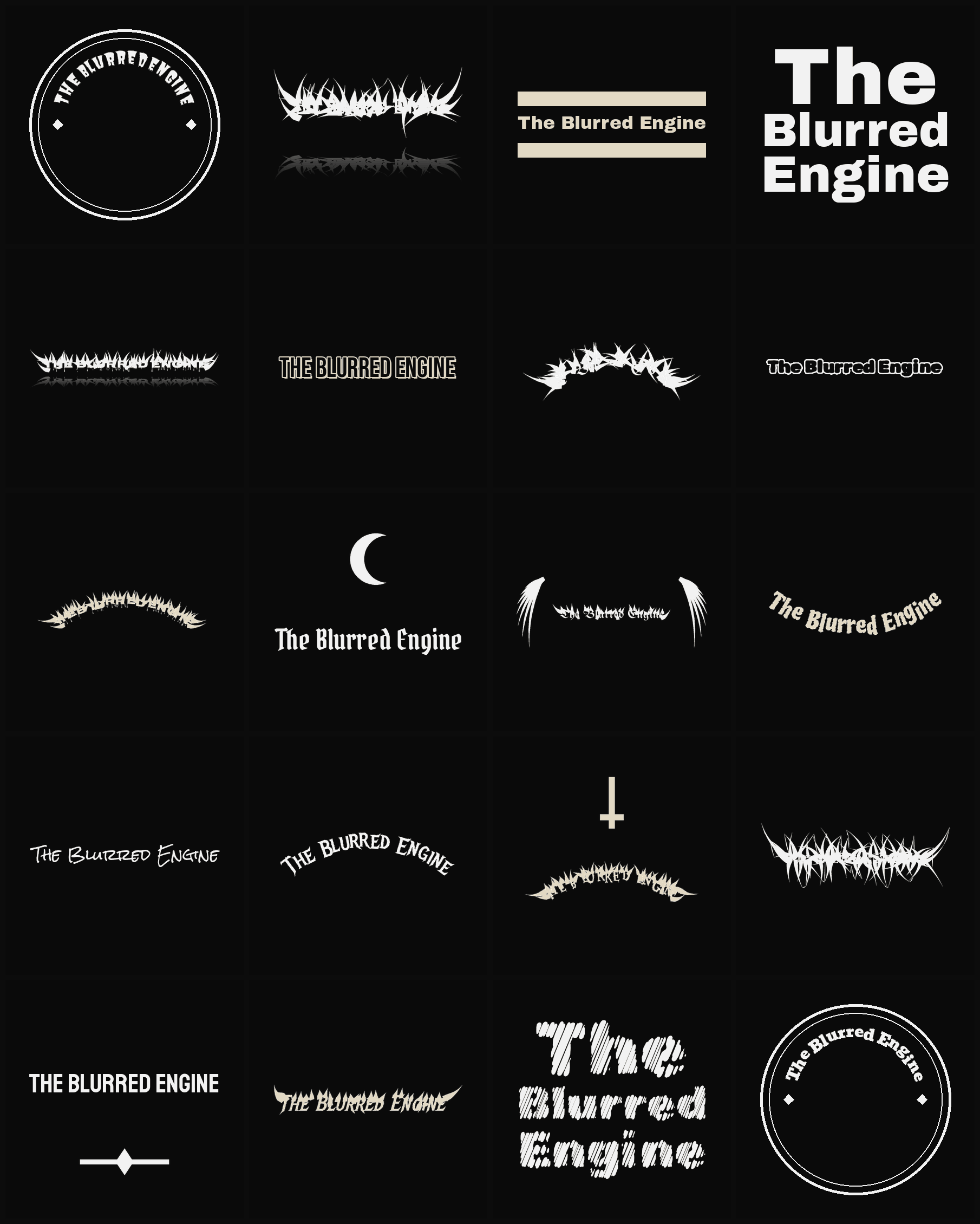Twenty The Blurred Engine band logo ideas — different faces, treatments and spike settings