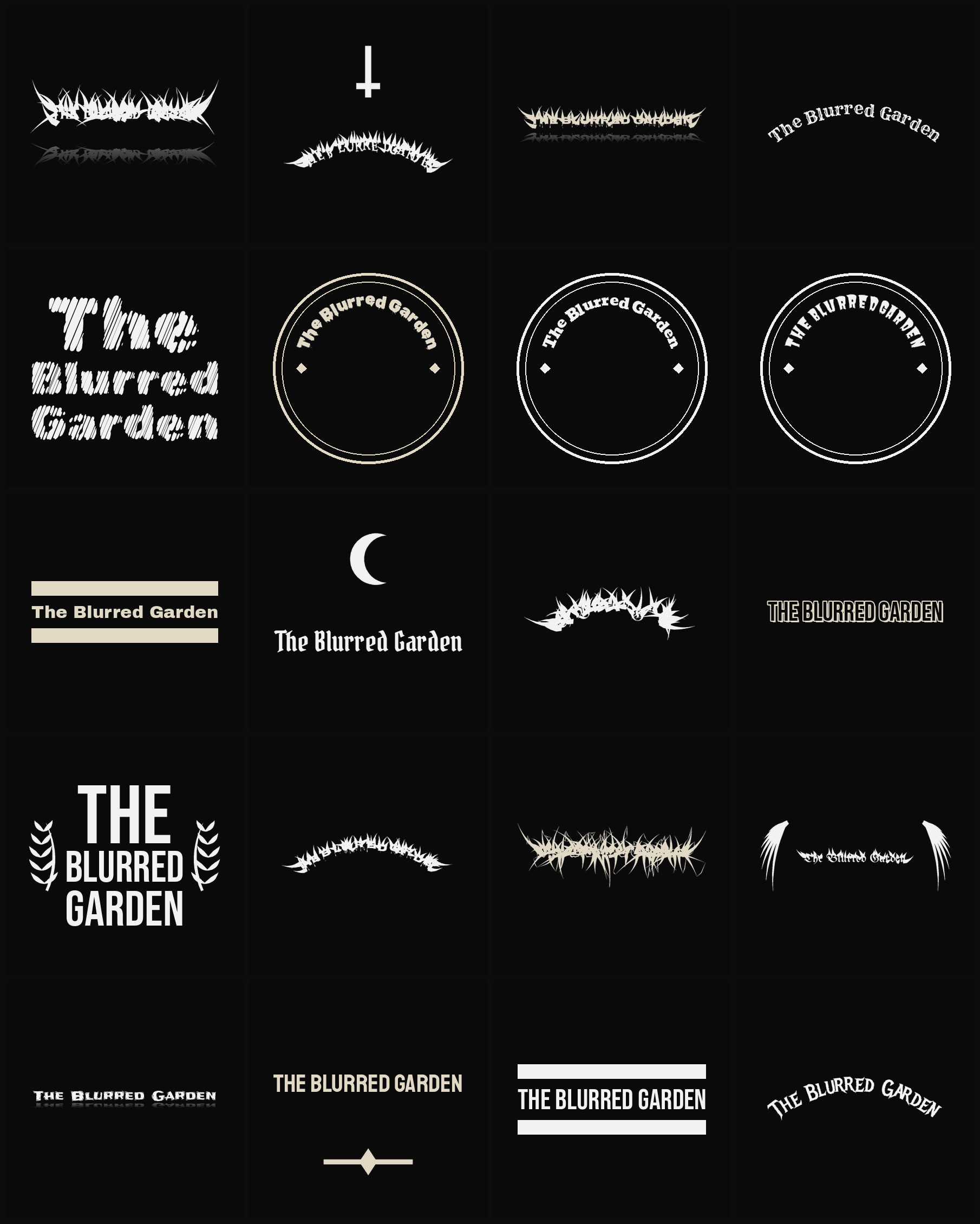 Twenty The Blurred Garden band logo ideas — different faces, treatments and spike settings