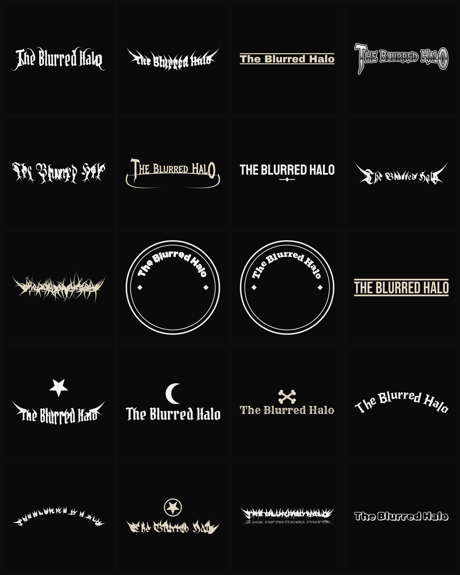 Twenty The Blurred Halo band logo ideas — different faces, treatments and spike settings